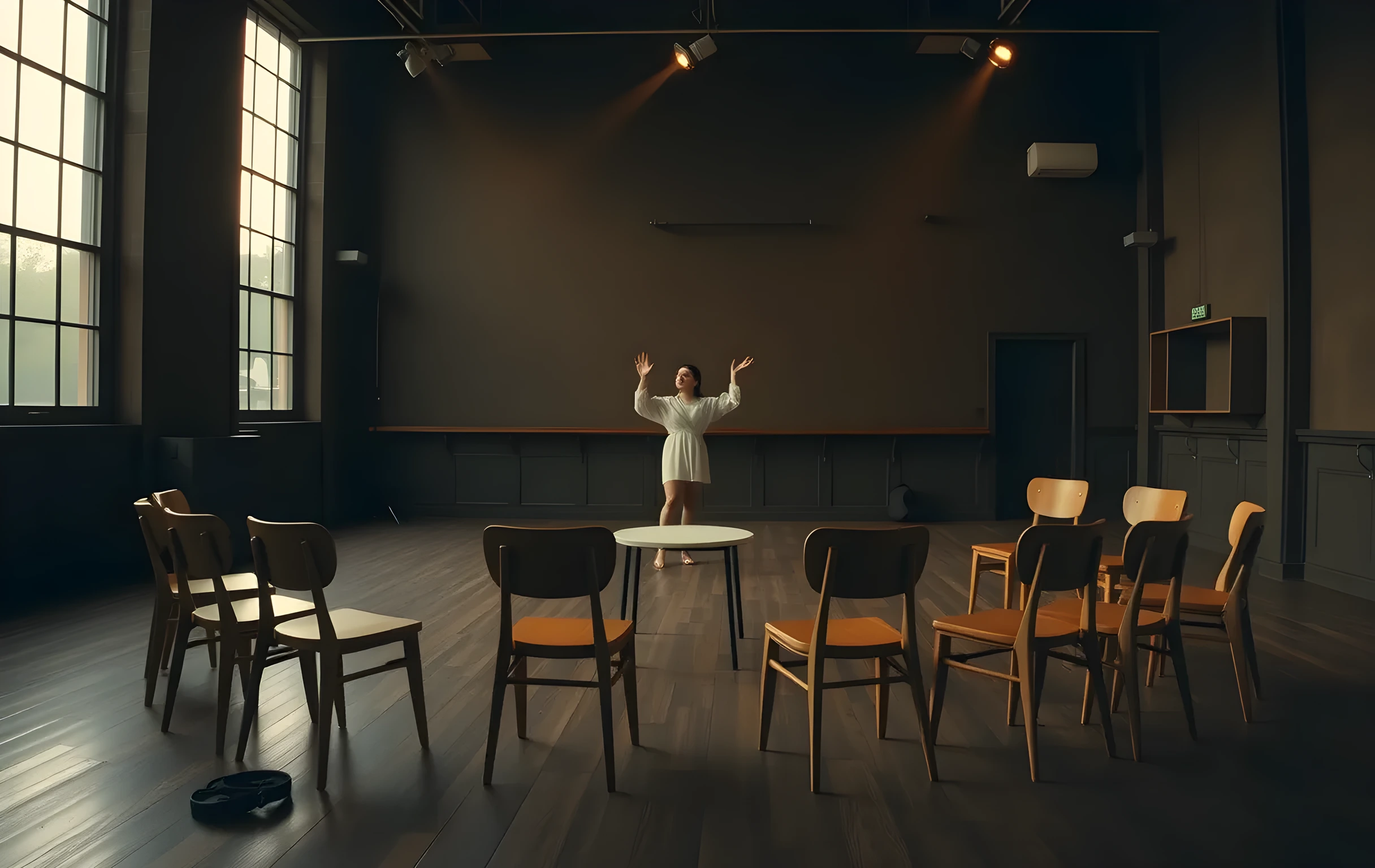 A wide shot of a dimly lit rehearsal studio at dusk, empty wooden chairs arranged in a circle around a low table, soft amber light spilling through tall windows, a woman in loose clothing standing near the back wall practicing gestures