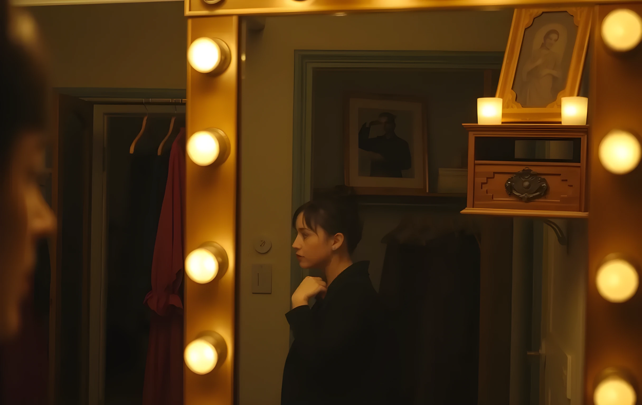 A medium shot of a quiet theater dressing room mirror reflecting a woman actor tying a dark coat over her shoulder, warm practical lights illuminating vintage costume racks and a single wooden frame on a shelf, shallow depth of field focusing on the reflected figure