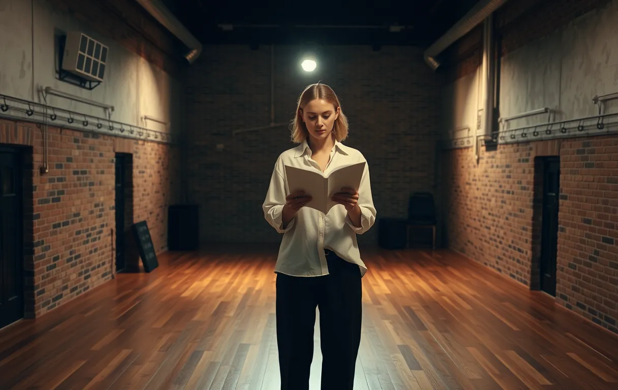 A wide shot of a dimly lit rehearsal studio with exposed brick walls and wooden floors, where a woman actor stands center stage in a loose linen shirt and dark trousers, reading a worn script under a single overhead practical light, her posture open and focused