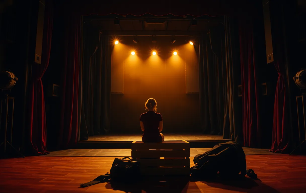 A quiet theater stage at dusk with velvet curtains drawn back, revealing a woman actor sitting on a wooden crate in the wings, her silhouette framed by the warm glow of stage lights, surrounded by scattered coats and a single leather satchel