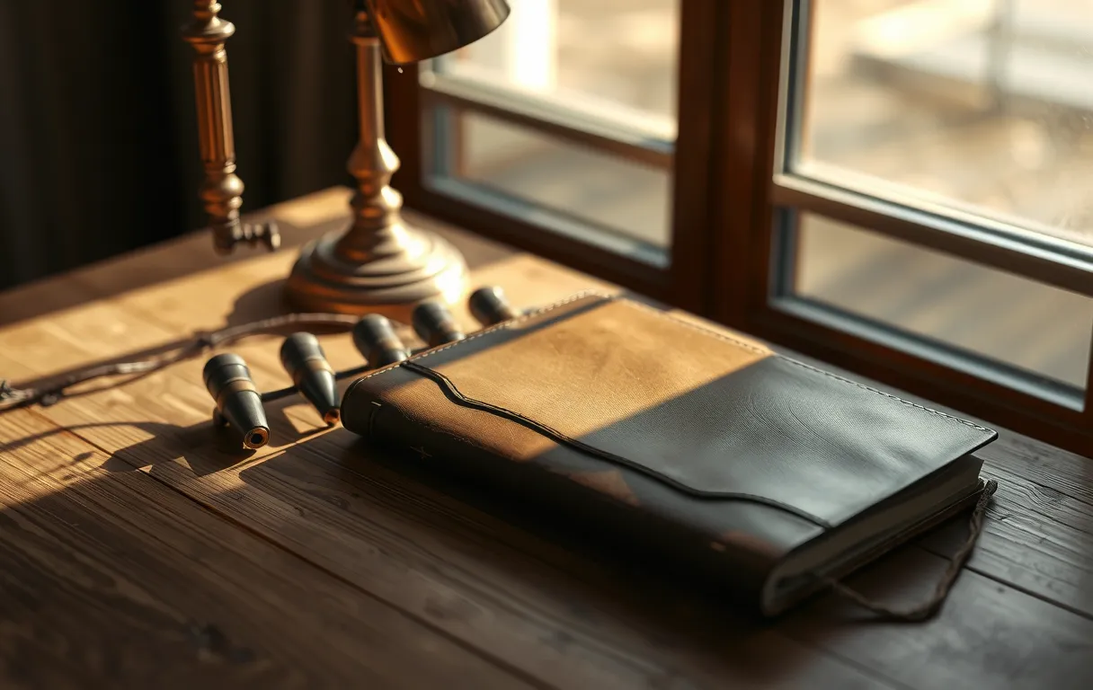 A worn leather notebook resting on a sunlit wooden table beside a brass desk lamp and a single dried eucalyptus sprig, casting soft amber shadows