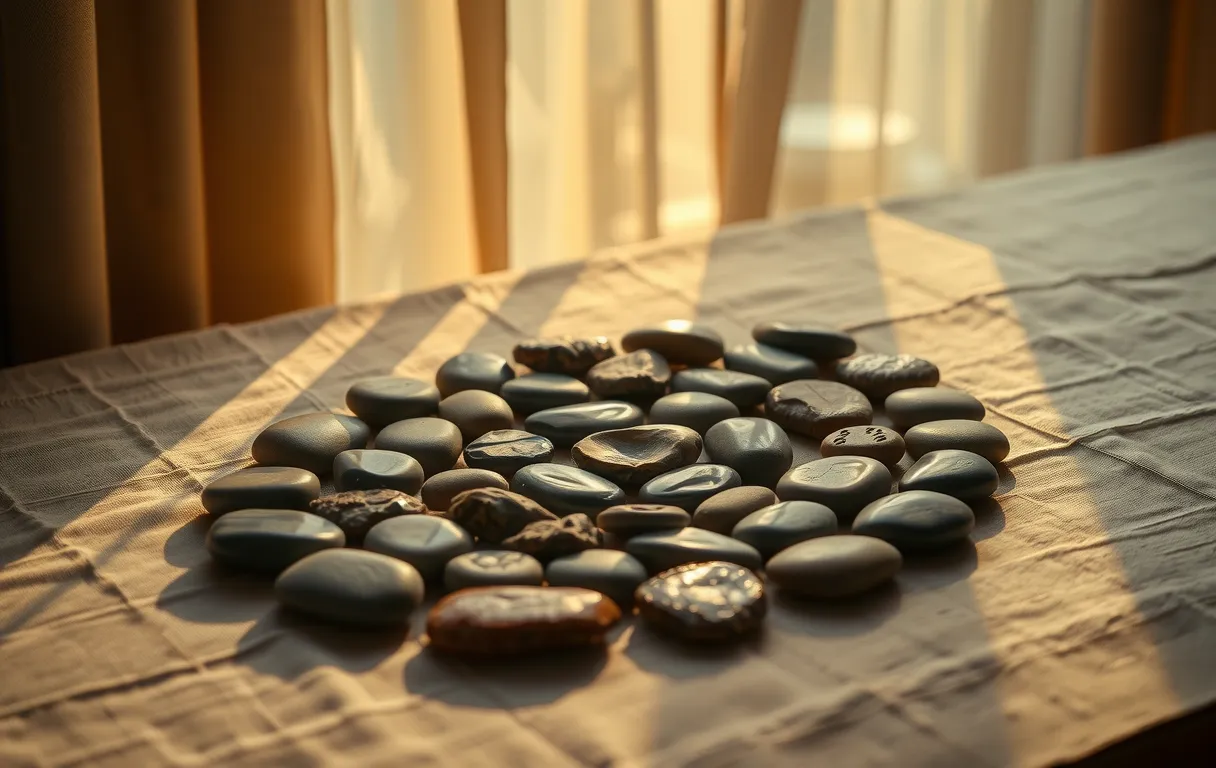 A collection of smooth river stones arranged in a spiral pattern on a textured linen cloth, illuminated by warm afternoon light filtering through sheer curtains