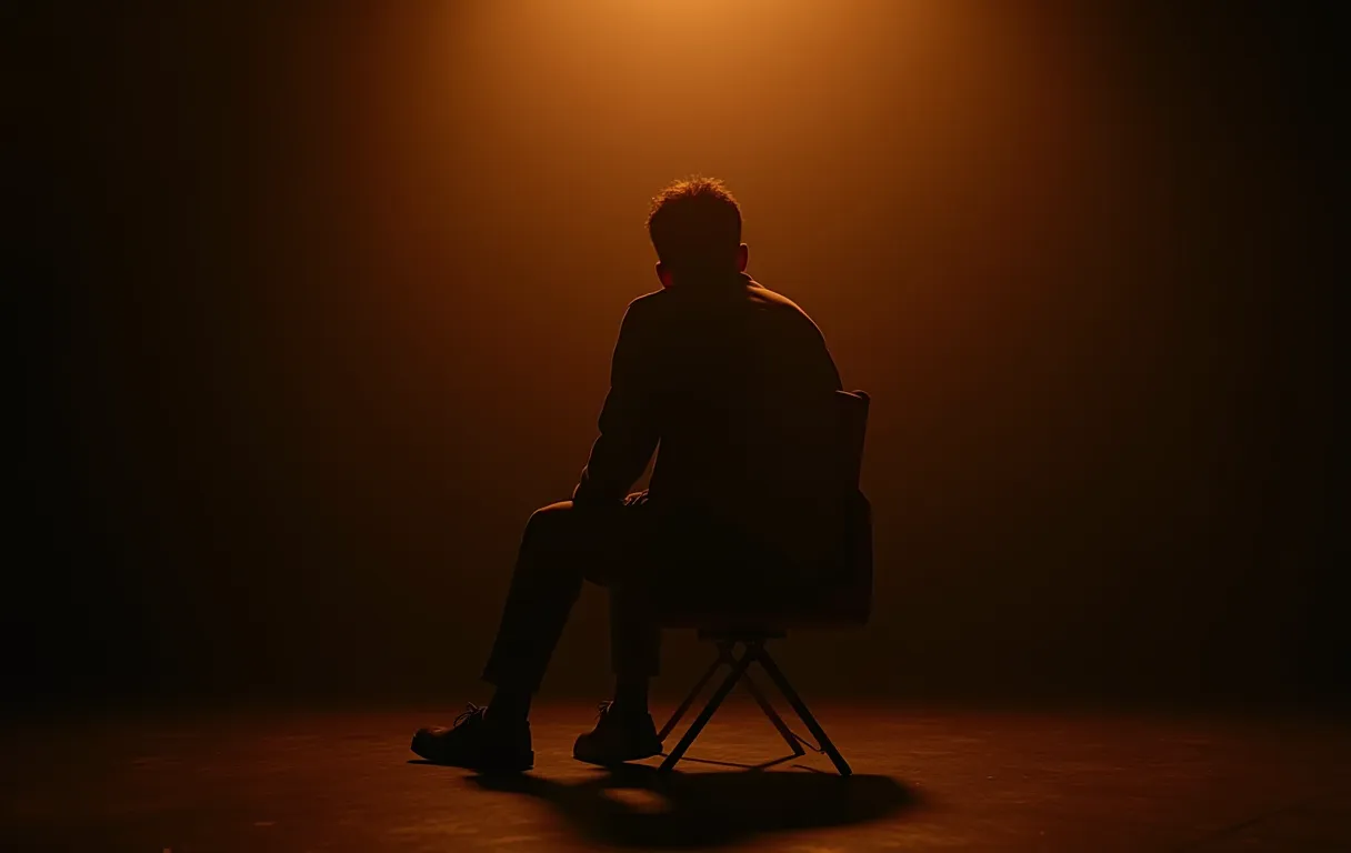 An actor sitting quietly, preparing emotionally before a scene