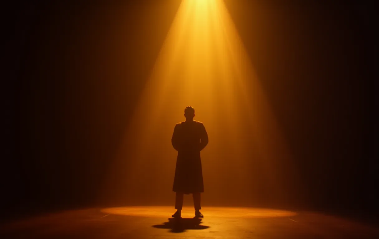 An actor standing in a warm spotlight on a theatre stage