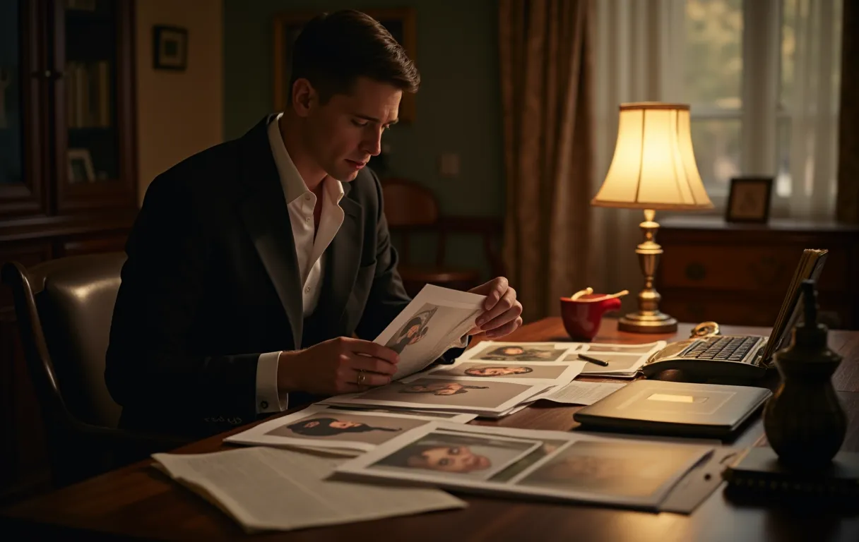 An actor organizing headshots and materials at a desk