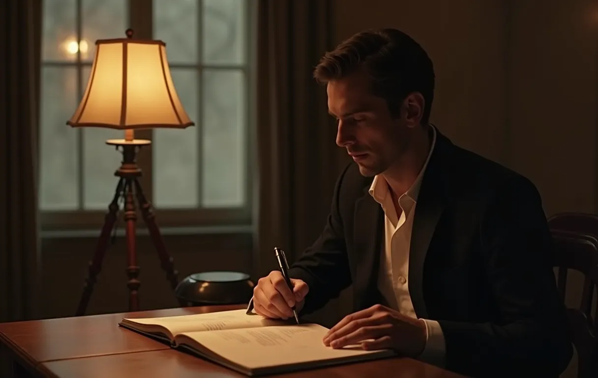 An actor reading a script and taking notes at a table