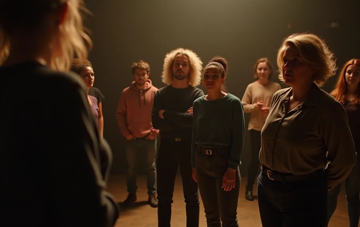 Adult students in an acting class working together in a studio