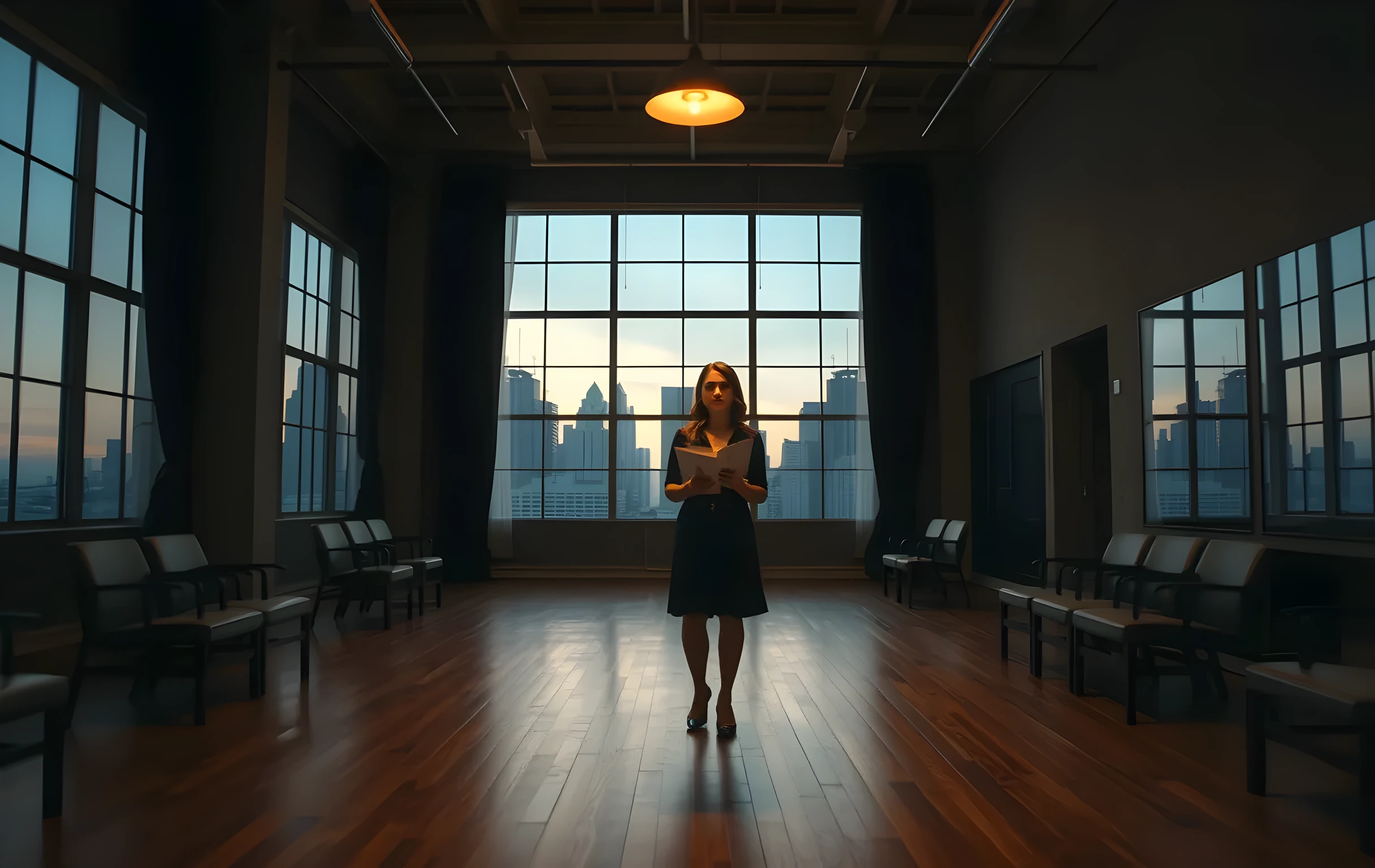 A wide cinematic shot of a dimly lit rehearsal studio at dusk with tall windows revealing a quiet city skyline. A woman actor stands alone in the center of the room holding a worn script, bathed in warm amber light from a single overhead lamp. The empty space features wooden floors, scattered chairs, and a large mirror reflecting the still atmosphere