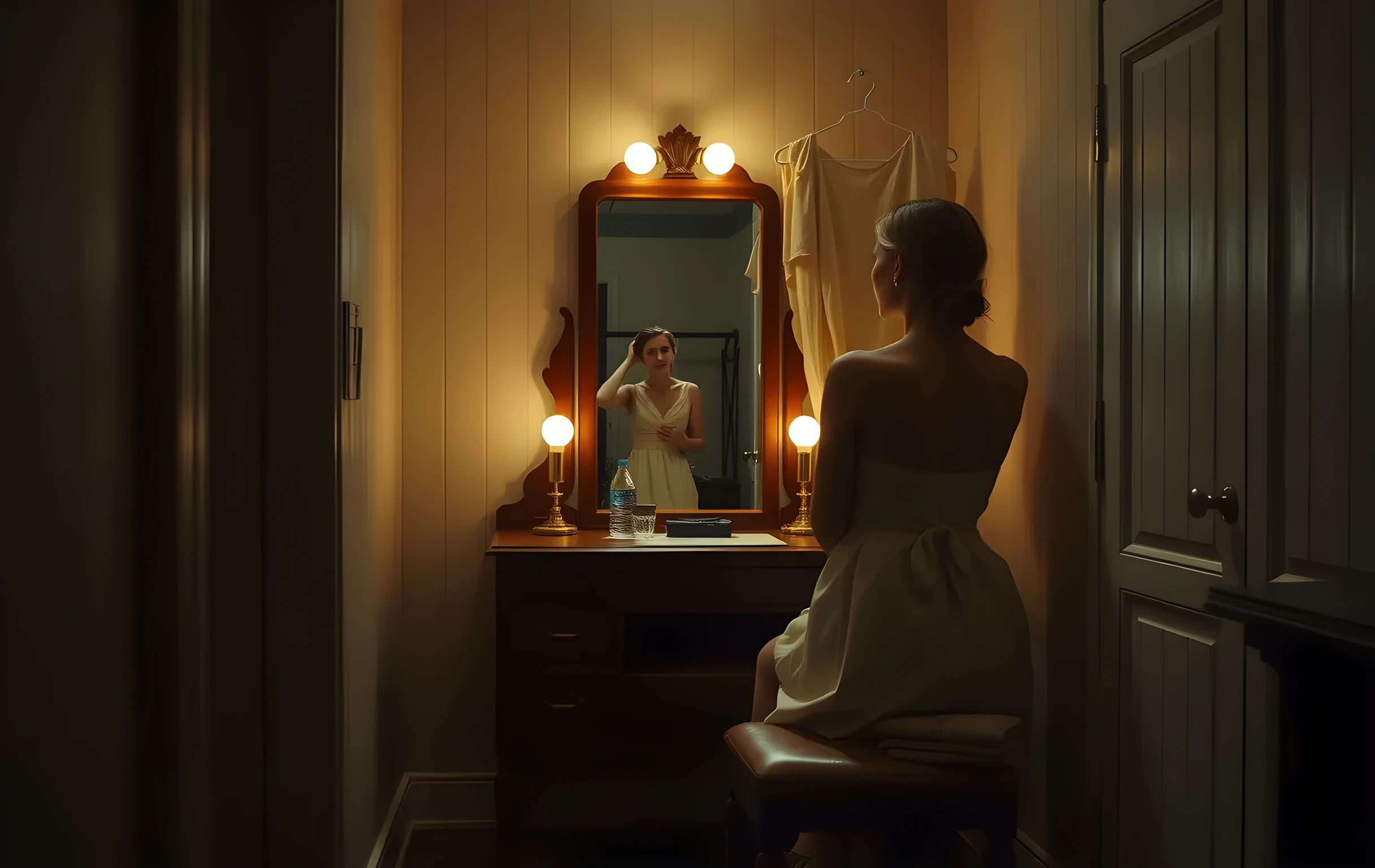 A closer detail shot of a quiet dressing room corner at twilight featuring a vintage wooden vanity table with soft bulb lights. A woman actor sits facing the mirror with her back to the camera, adjusting a simple theater costume while natural light filters through a nearby window. The scene includes a draped garment rack, a leather stool, and a small shelf holding a single water bottle and a folded towel