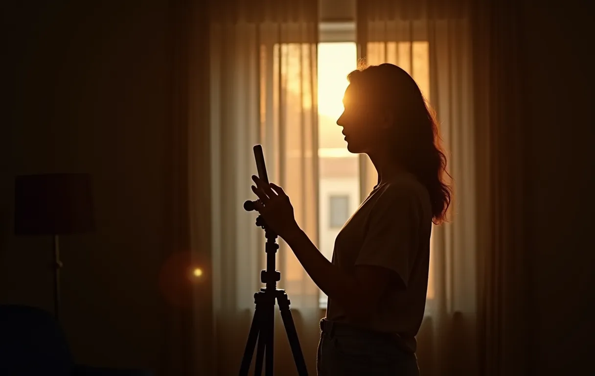A woman standing in a sunlit living room holding a smartphone on a tripod, facing a plain dark curtain with soft window light on her face