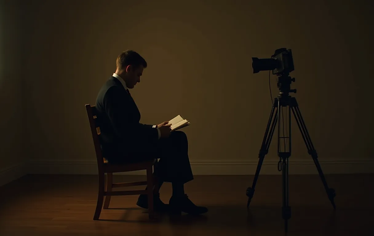 An actor sitting on a wooden chair in a quiet room, reading from a script placed next to a camera lens with a neutral background