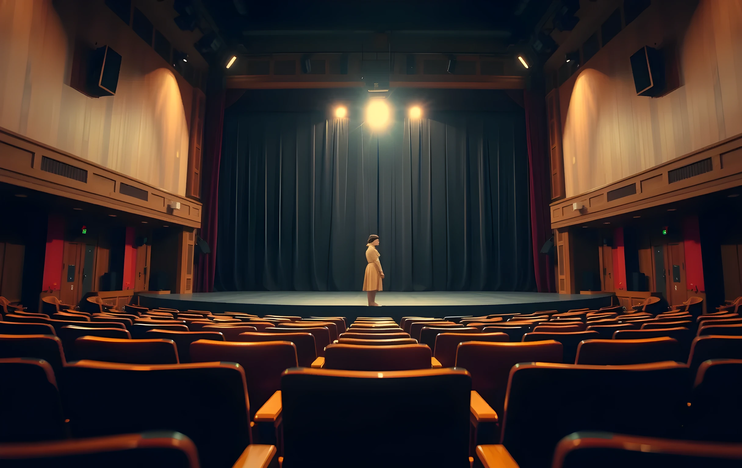 A wide environment of an empty theater stage at dusk, wooden seats fading into shadow in the foreground, a female actor standing center stage under a single overhead work light, her figure small against the vast proscenium arch