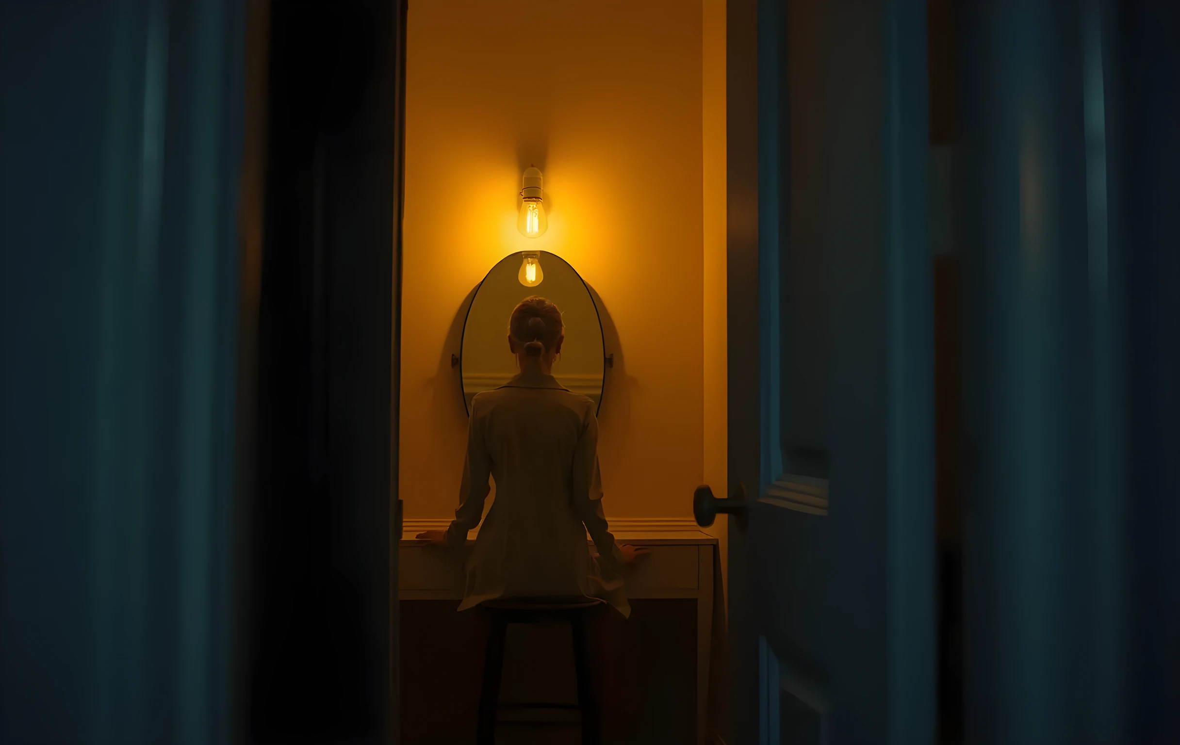 A closer detail of a quiet dressing room vanity at twilight, a female actor seated on a stool in medium distance, her posture relaxed as she gazes toward a softly lit wall mirror under the warm glow of a single bare bulb
