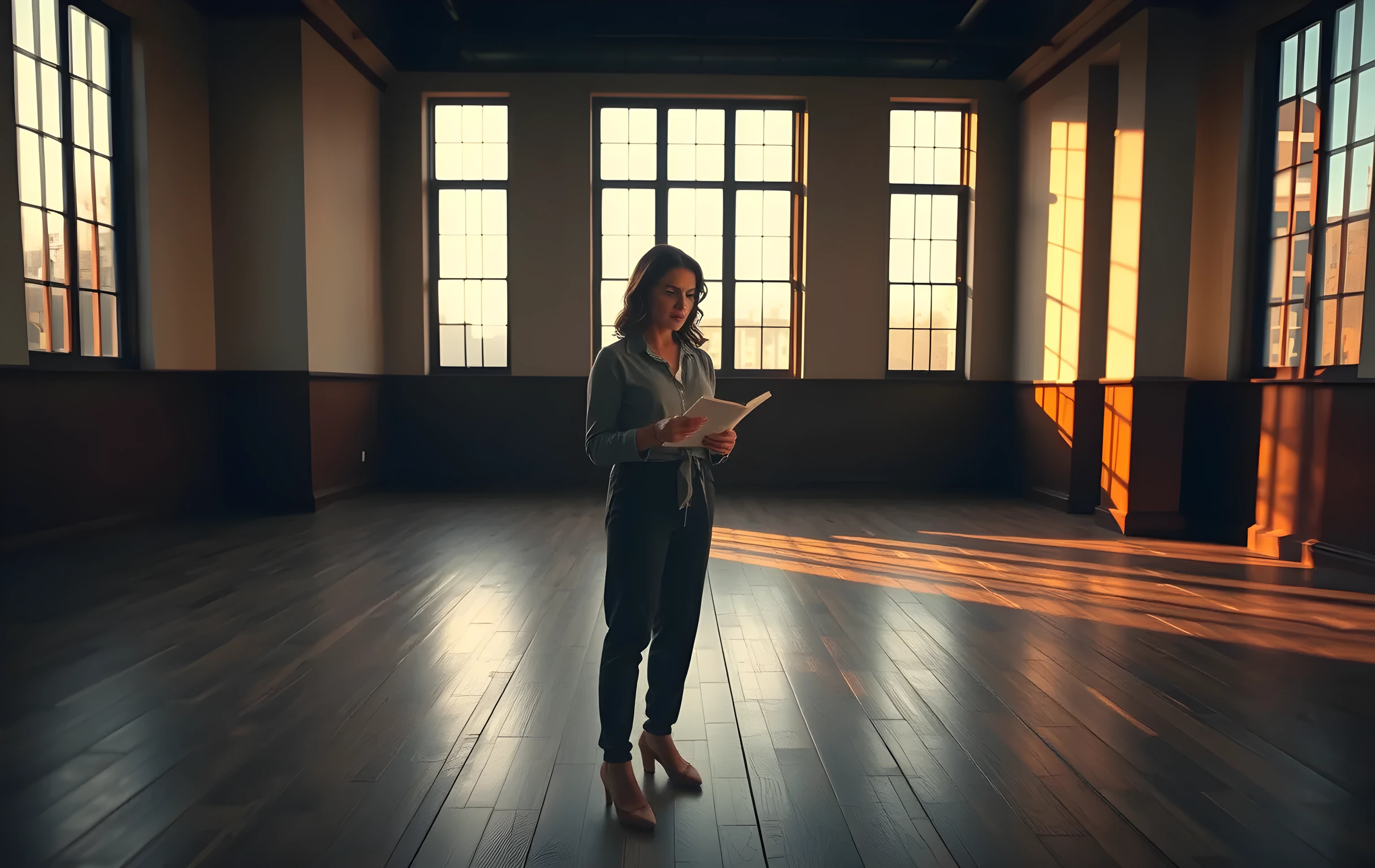 A wide cinematic shot of a dimly lit rehearsal studio at dusk, where a woman actor stands alone center stage holding a worn script, her posture relaxed as she reads aloud, with tall windows casting long amber shadows across the empty wooden floor