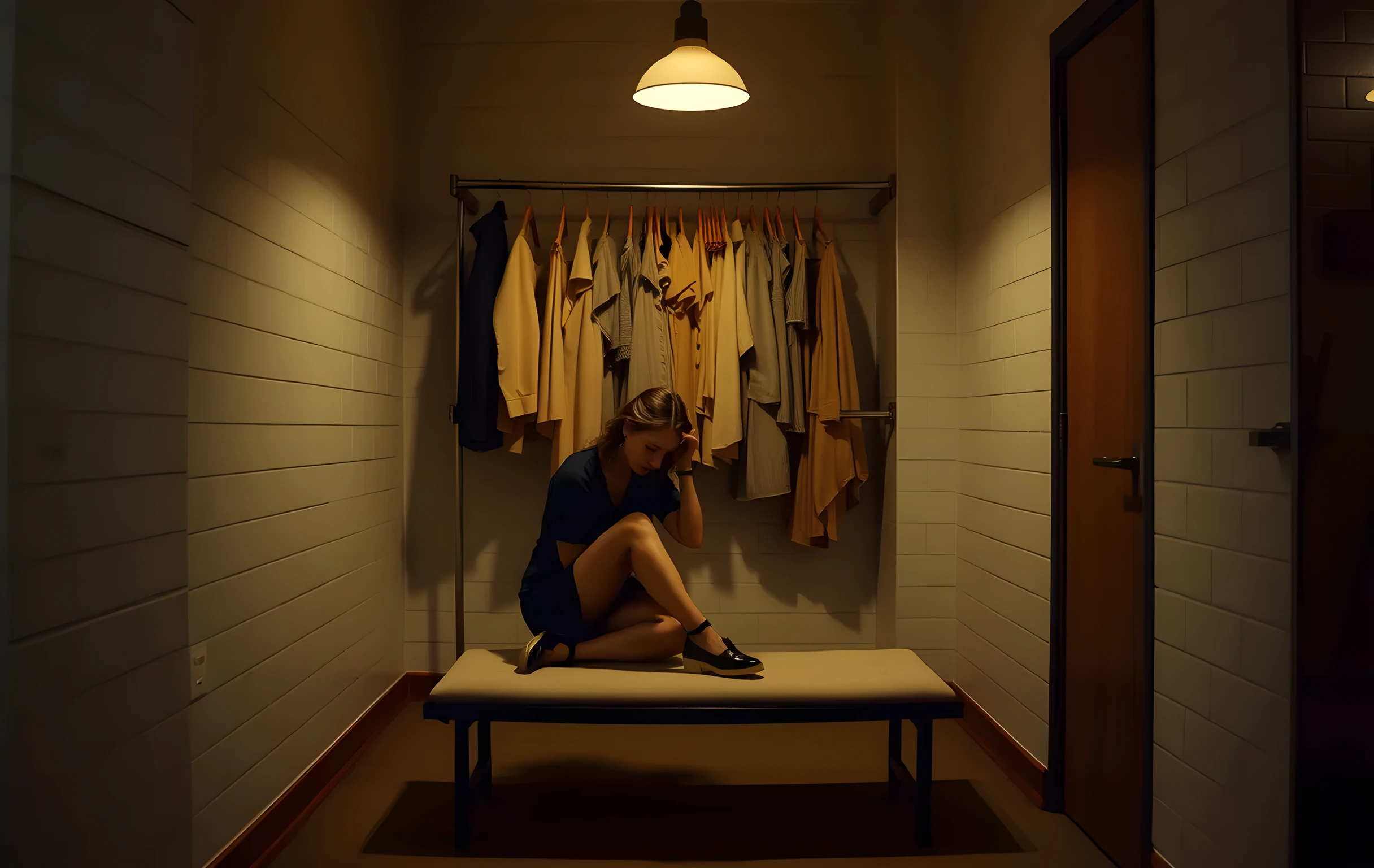 A medium shot of a quiet dressing room corner after hours, where a woman actor sits on a padded bench adjusting the straps of her shoes, her silhouette framed by a single overhead bulb and a rack of draped costumes in the background