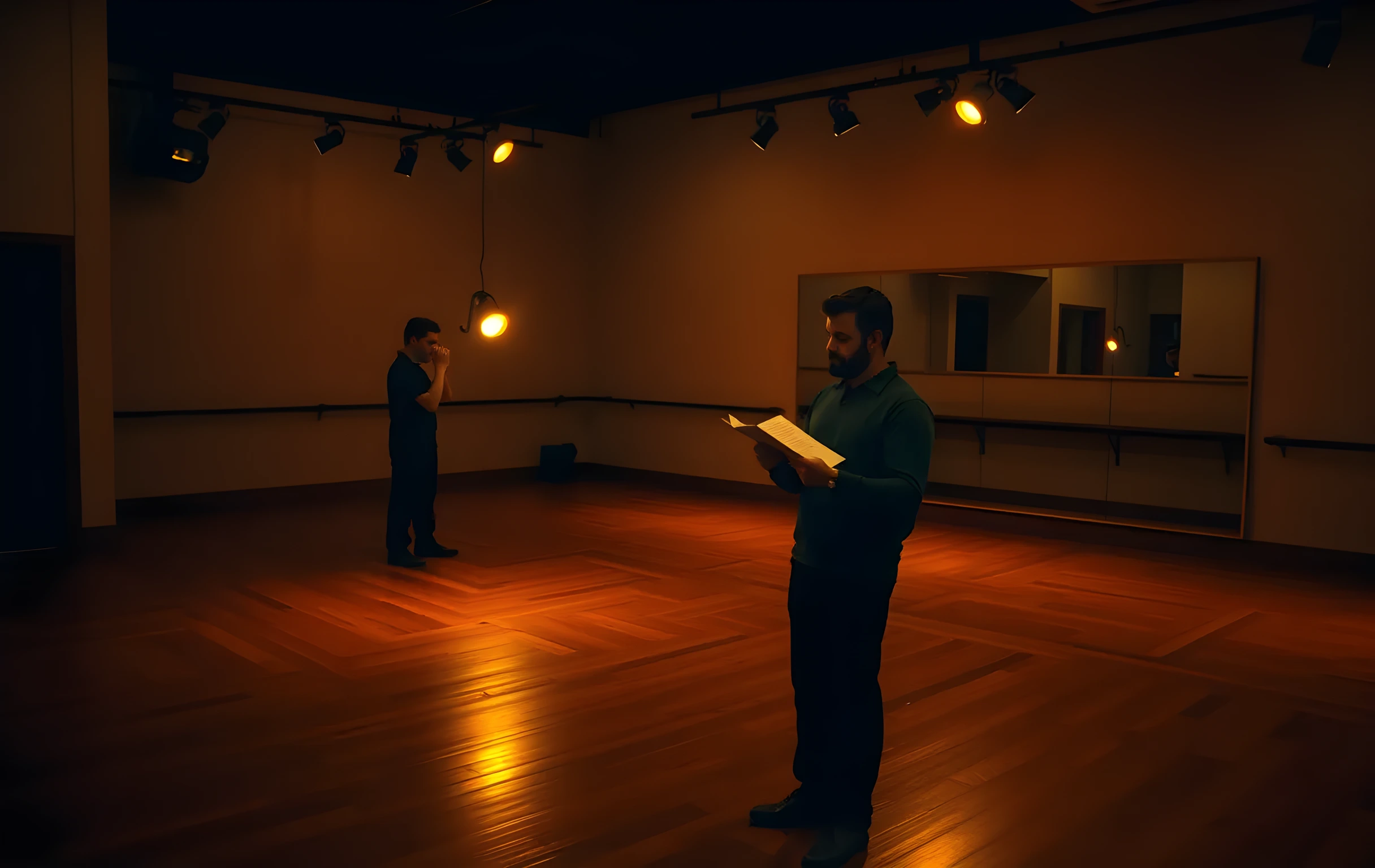 A dimly lit rehearsal studio at dusk, empty wooden floors reflecting the amber glow of overhead work lights, with a single actor standing near a large mirrored wall reviewing a dog-eared script, the space stretching into quiet shadows beyond