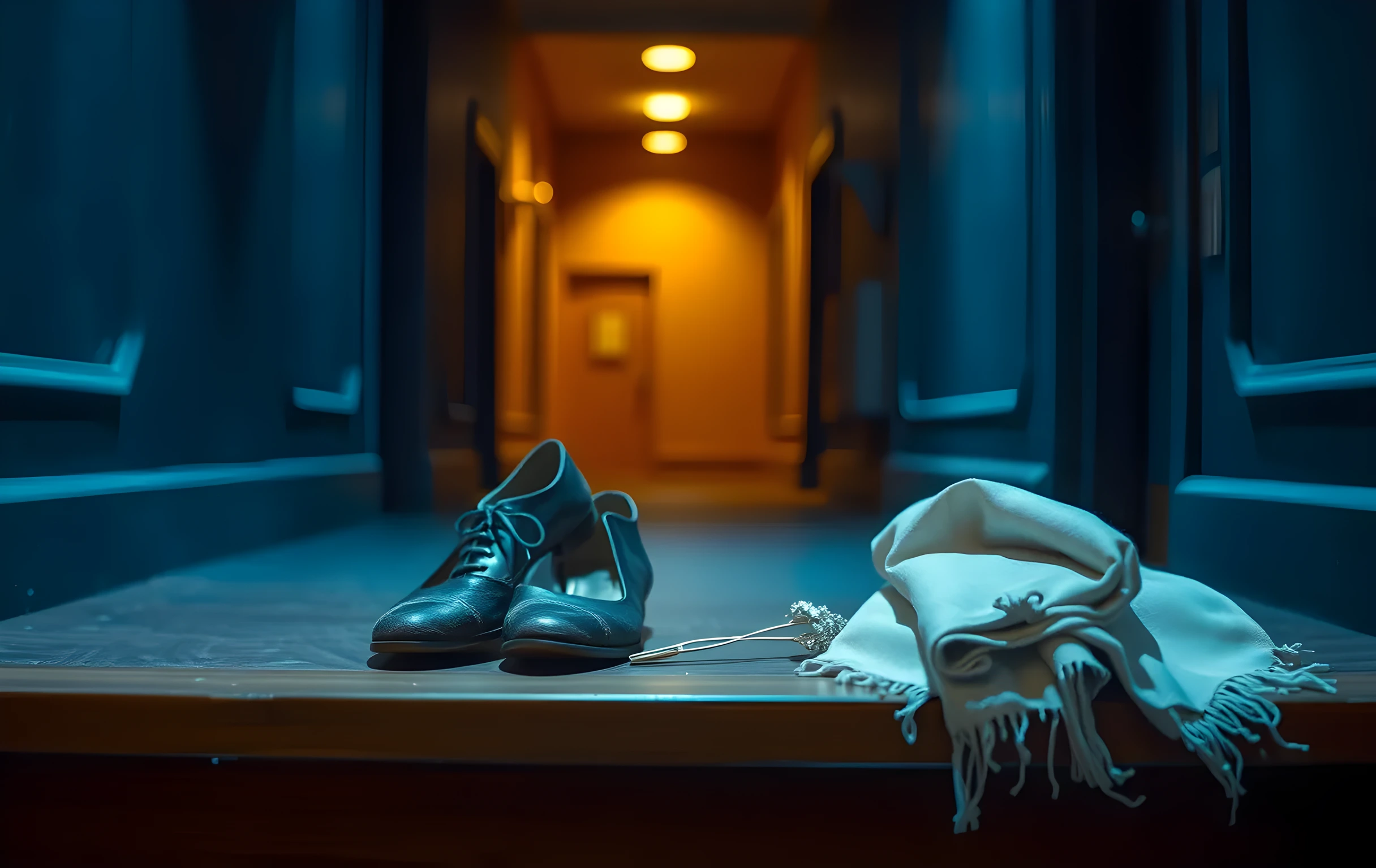 A pair of scuffed stage shoes resting on a wooden theater step, accompanied by a silver hairpin and a folded linen scarf, all bathed in the cool blue light of a quiet backstage corridor