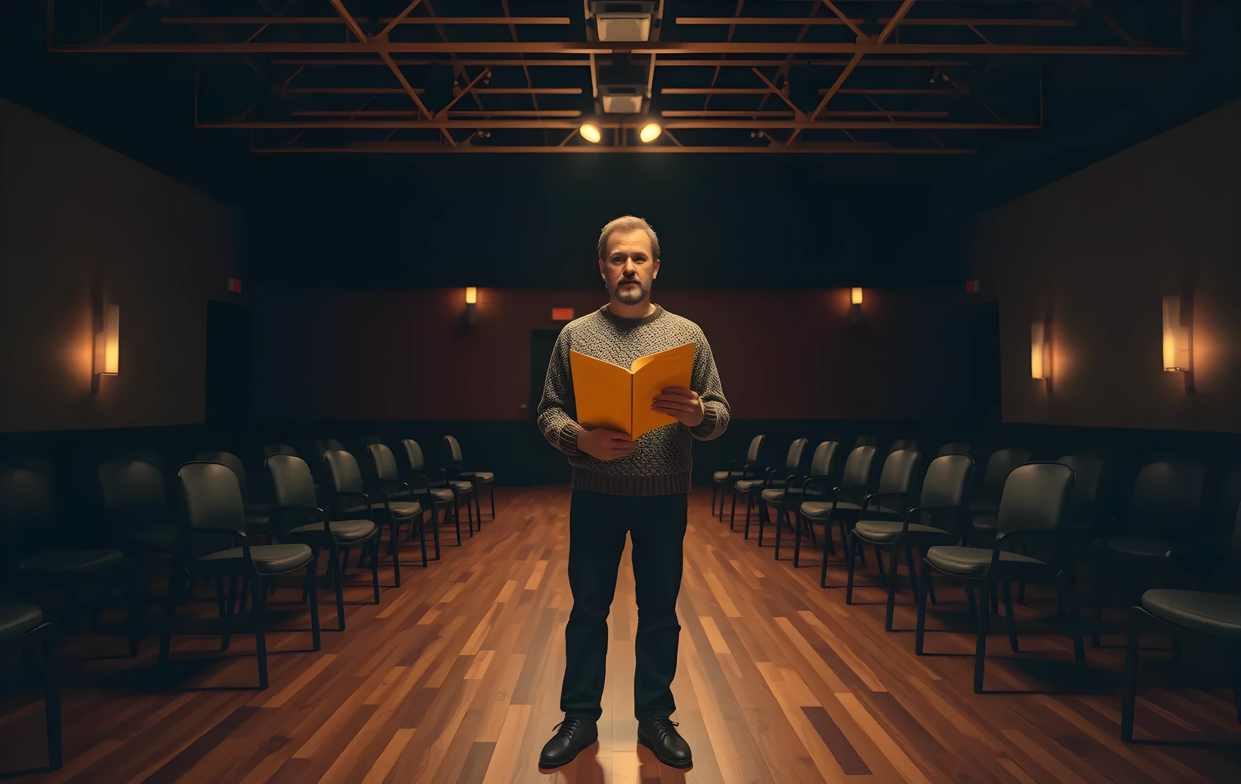 A dimly lit rehearsal studio at dusk with wooden floors stretching into soft shadows, a lone actor in a worn sweater stands center stage holding a yellowed script, warm stage lights cast long geometric patterns across the empty chairs, cinematic depth of field