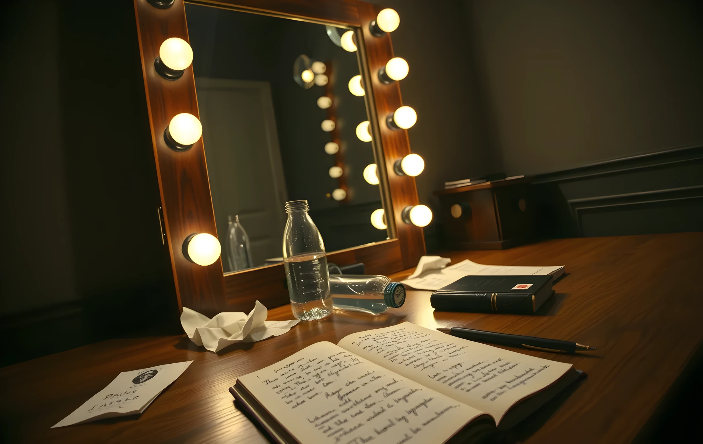 A quiet dressing room mirror reflects the soft glow of vanity bulbs illuminating a wooden table scattered with crumpled character sketches, a half-empty water bottle, and a single leather-bound journal open to a handwritten monologue, shallow focus on the paper texture