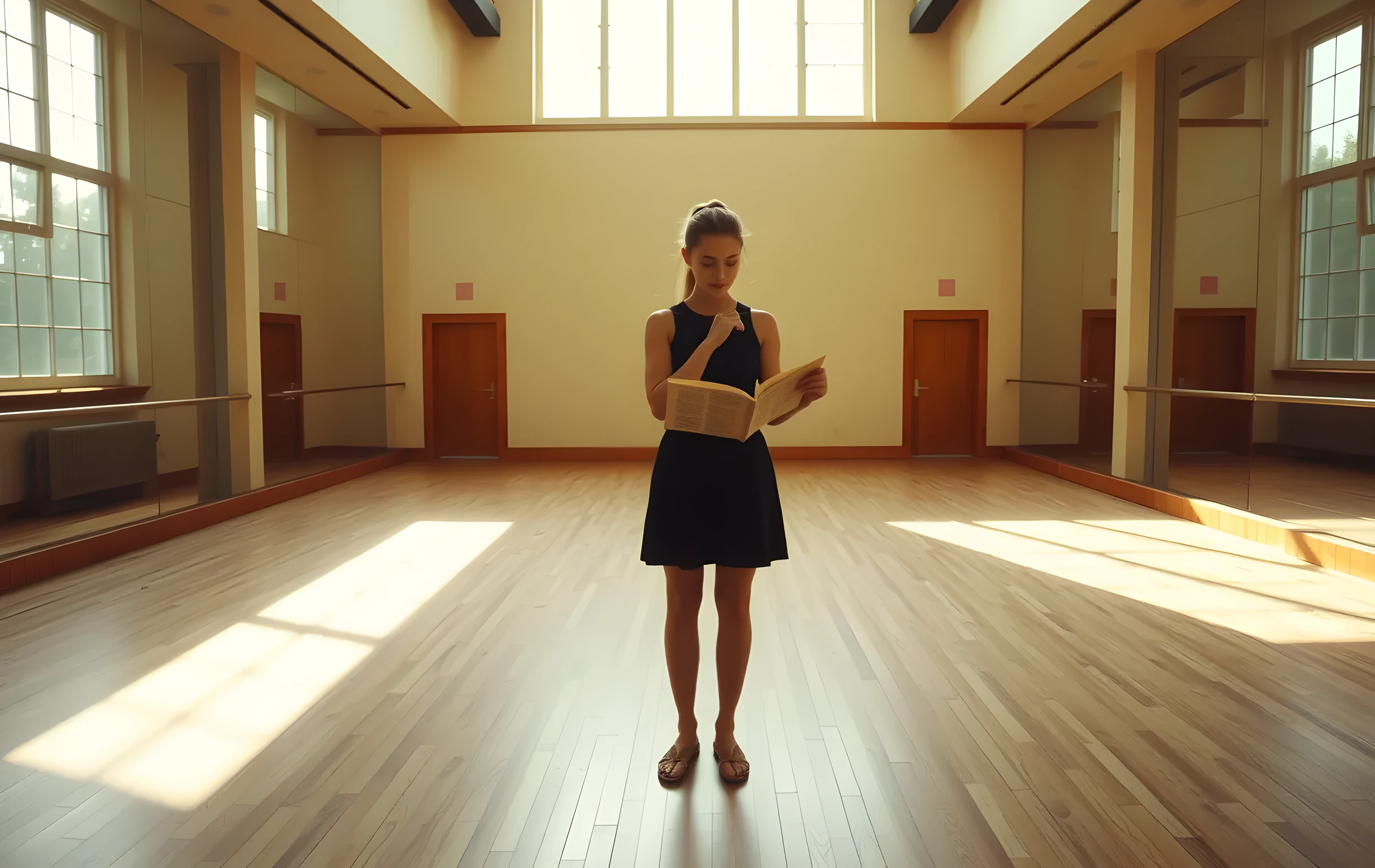 A sunlit, empty rehearsal studio with mirrored walls reflecting a lone figure standing center stage, holding a worn script open while tracing a line with her finger. The wooden floorboards show years of use, and soft daylight spills through tall windows, catching dust motes in the air
