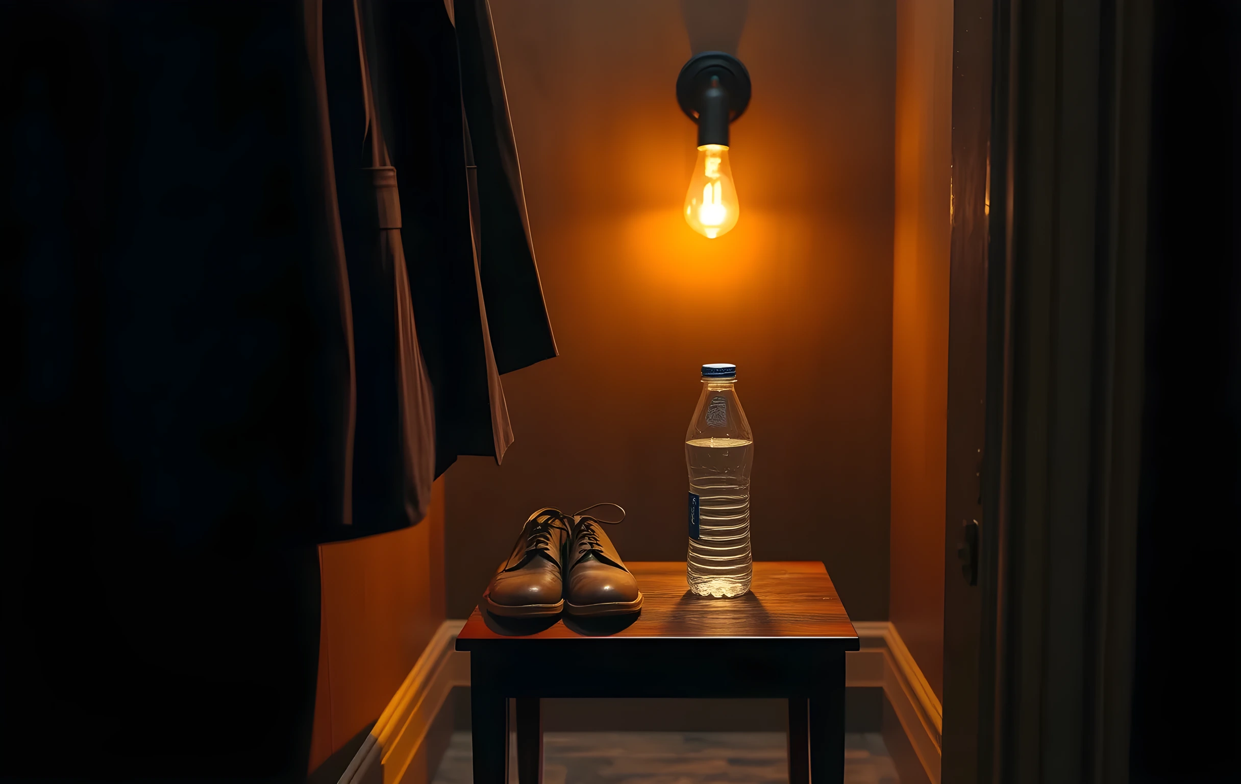 A quiet dressing room corner at dusk where a velvet garment bag hangs slightly open, revealing the collar of a tailored jacket resting beside a pair of scuffed leather shoes and a half-empty water bottle on a small wooden table. Warm amber light from a single bulb pools on the floor