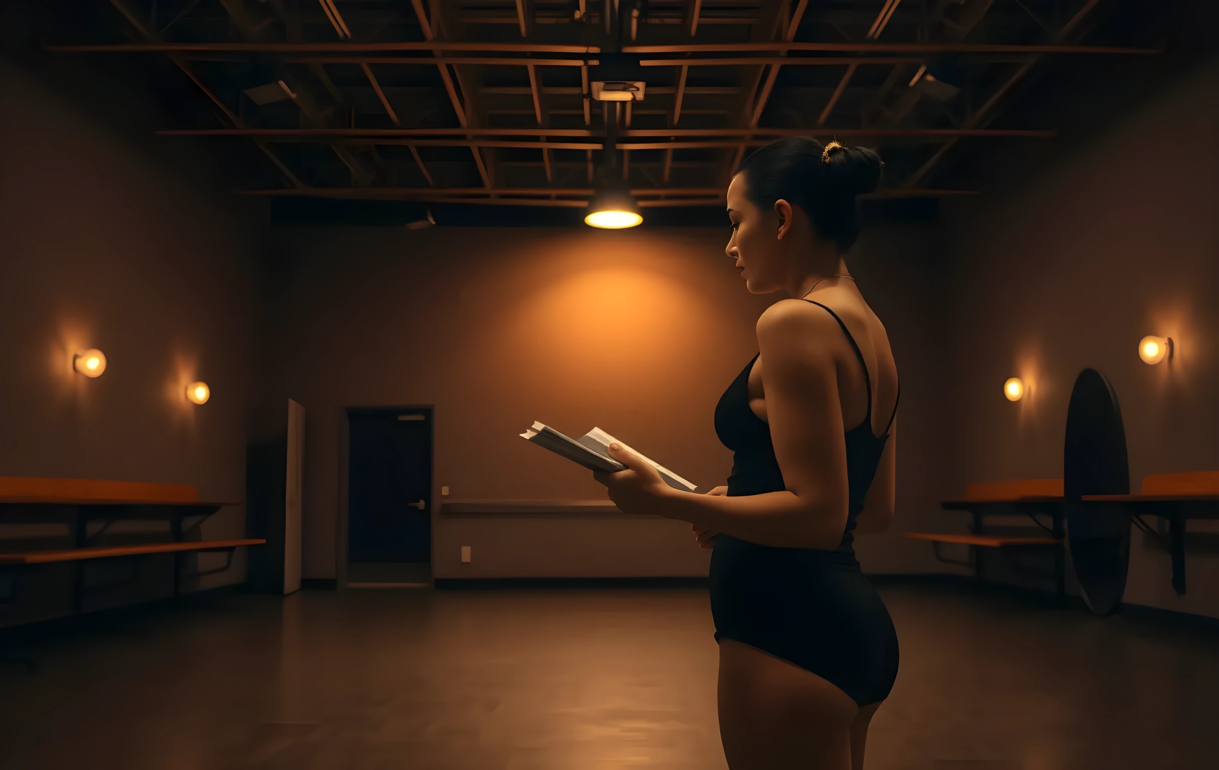 A wide shot of an empty Broadway rehearsal studio at dusk, where a woman actor stands center stage in a simple black leotard, her posture relaxed as she reviews a worn script under the soft amber glow of a single overhead work light