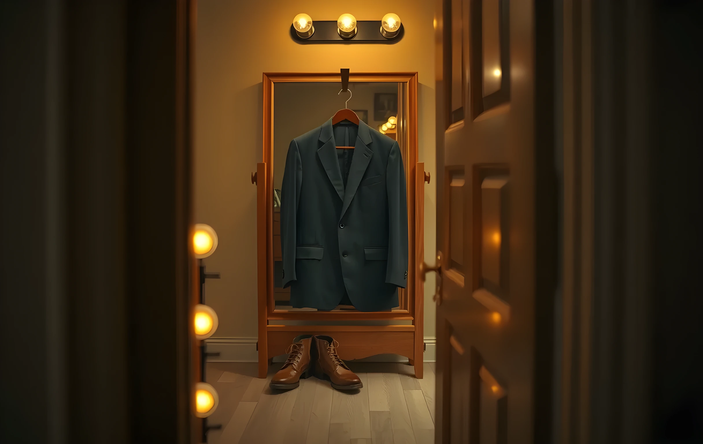A medium shot of a vintage dressing room mirror framed by warm vanity bulbs, with a leather garment bag hanging slightly open to reveal a tailored navy blazer and a pair of worn leather boots resting on a wooden floor