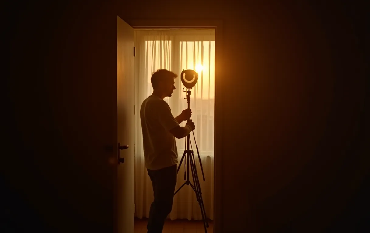 A young actor standing in a dimly lit apartment doorway adjusting a ring light positioned on a tripod, warm afternoon sun filtering through sheer curtains behind them