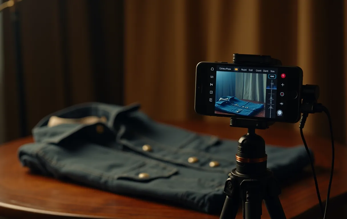 A close up of a smartphone mounted on a desk tripod displaying a live recording interface, with a neatly folded character wardrobe laid out on a wooden table nearby