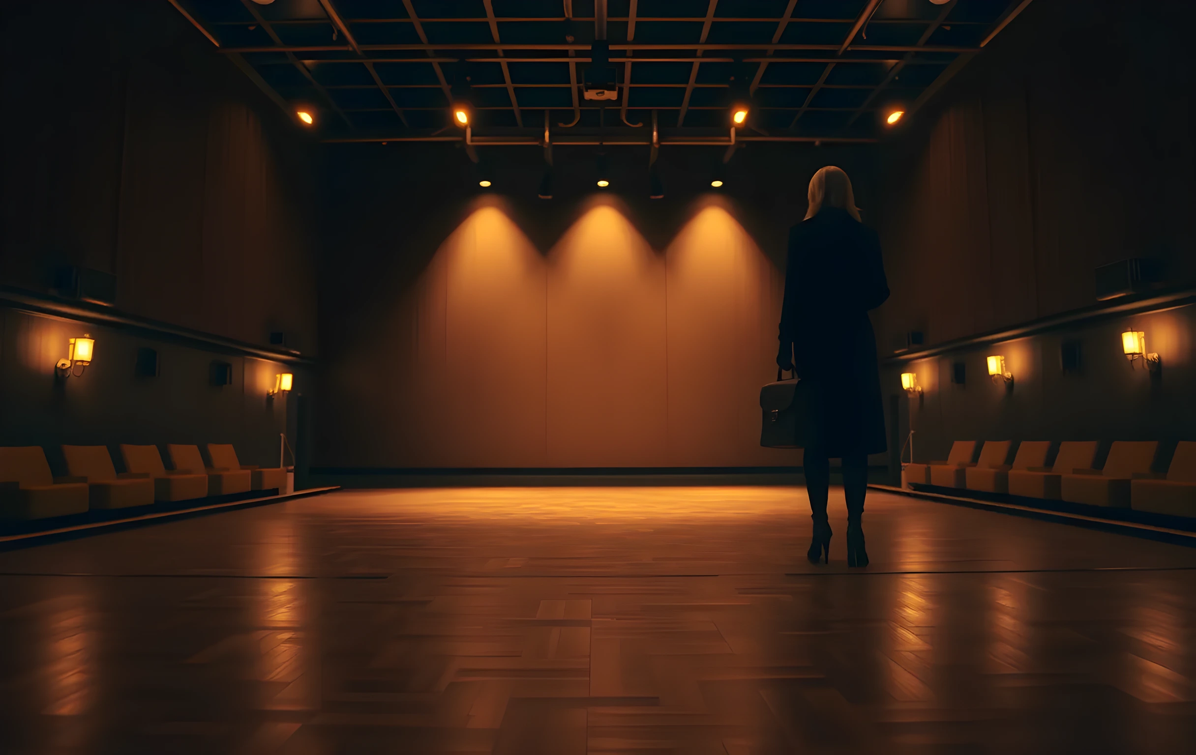 A wide cinematic view of an empty theater stage at dusk, warm amber work lights illuminating the polished wooden floor, with a woman in a dark coat standing far back near the wings holding a leather satchel