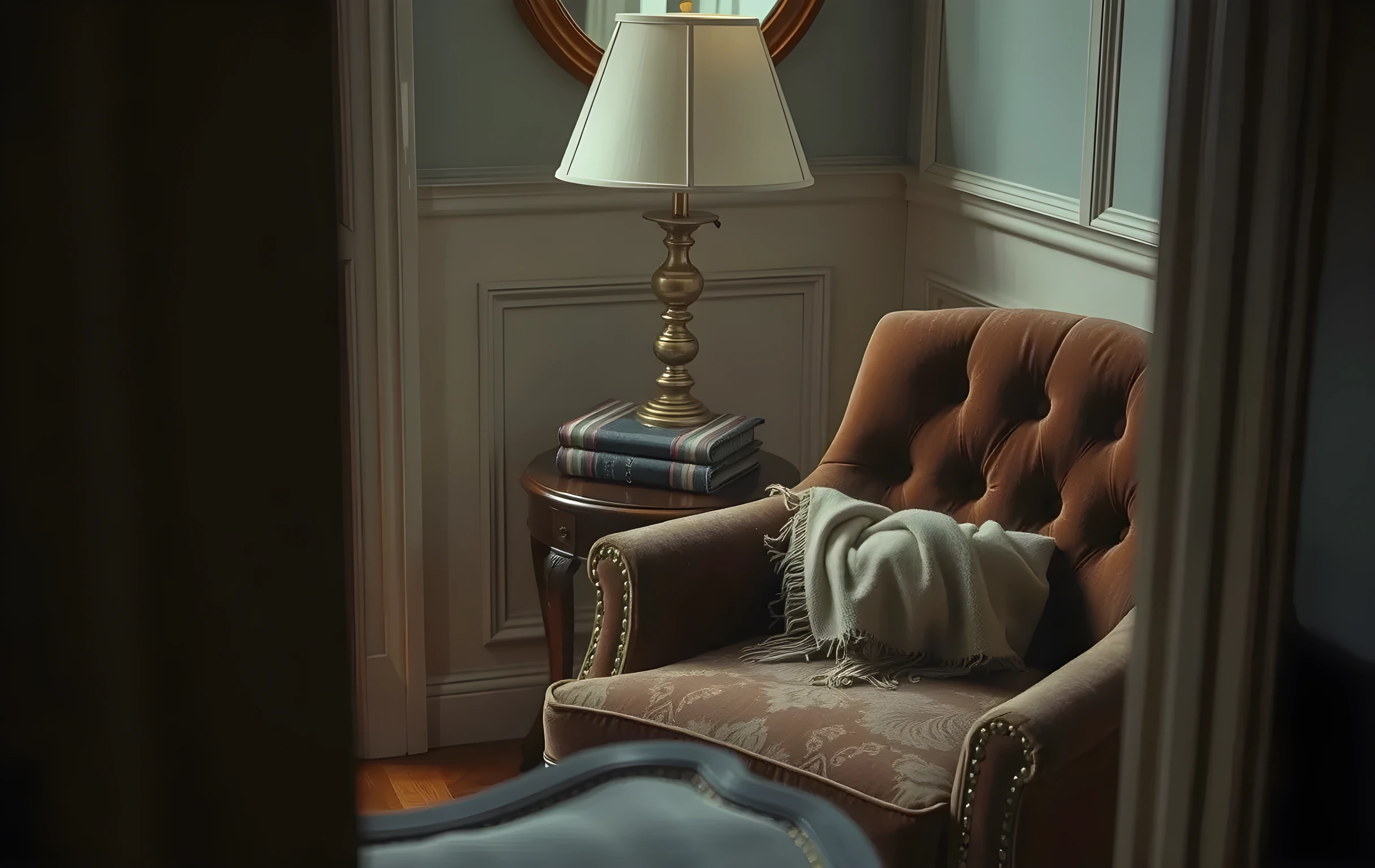 A closer detail shot of a quiet dressing room corner, a vintage velvet armchair beside a small wooden table holding a brass lamp and a neatly folded wool scarf, soft afternoon light catching the texture of the fabric
