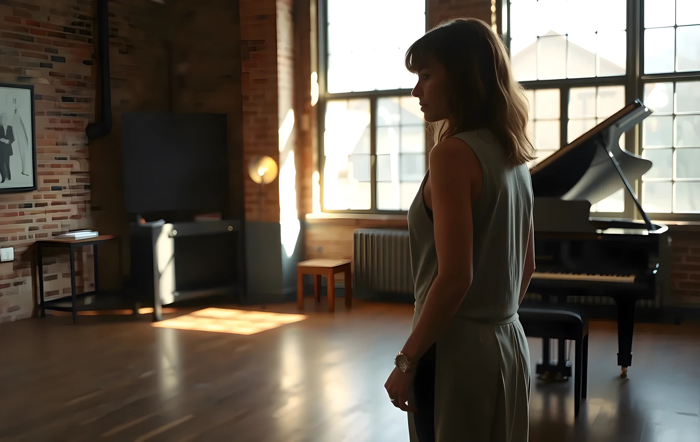 A sunlit rehearsal studio with exposed brick walls and scuffed wooden floors, where a woman actor stands near a grand piano in the background, her posture relaxed and grounded as afternoon light spills across the room