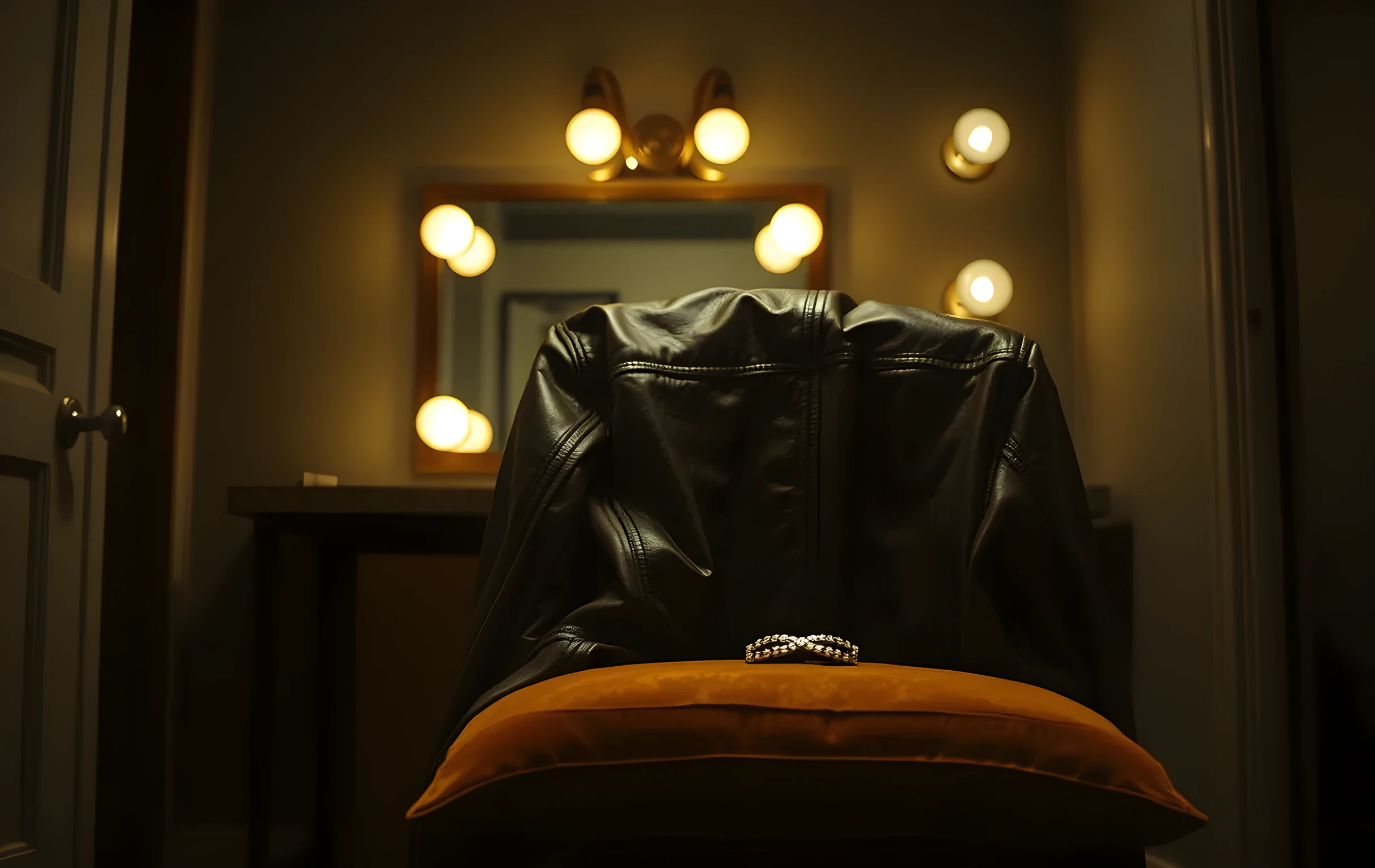 A quiet dressing room vanity illuminated by soft bulb lights, focusing on a worn leather jacket draped over a chair and a single silver hair clip resting on a velvet cushion, capturing the quiet preparation before stepping on stage