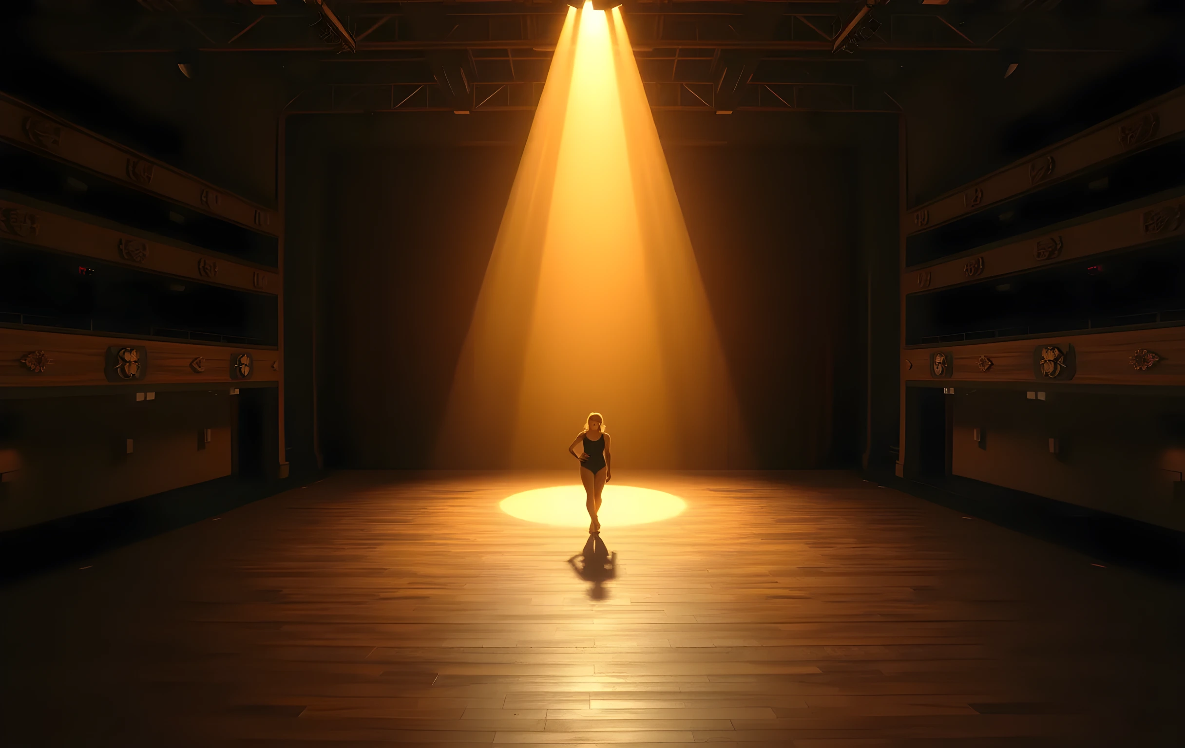 A vast empty proscenium theater stage bathed in warm golden-hour light streaming down from the fly gallery above, a small figure of a woman in a simple black leotard standing dead center on bare wooden boards far below the arch, her long shadow stretching across the floor toward the audience, dust motes visible in the single beam of sunlight, the immense scale of the empty space dwarfing her completely, no text or signage anywhere