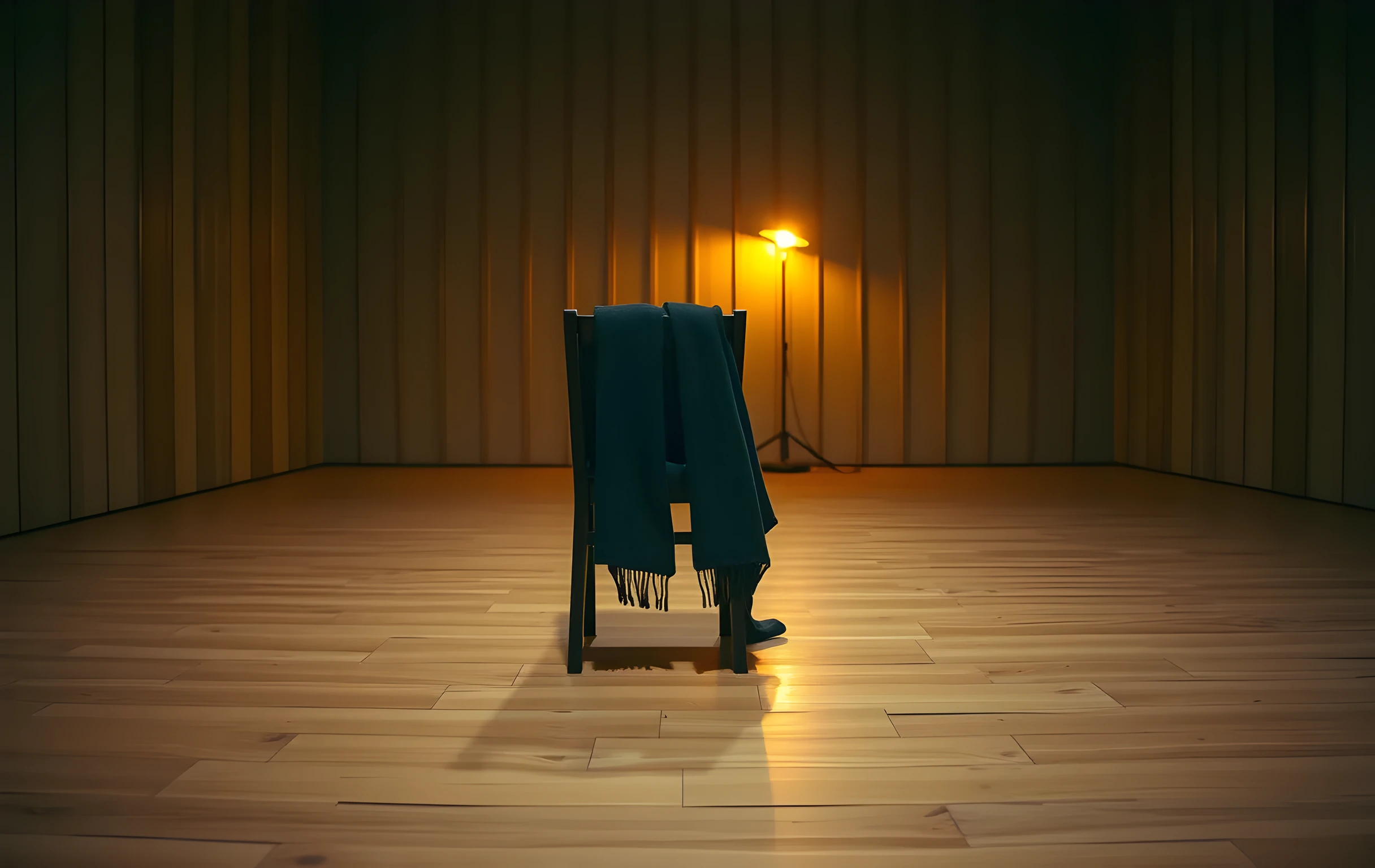 The corner of a rehearsal studio at dusk seen from a low angle near the floor, a worn wooden stage surface with visible scuff marks and tape residue from repeated blocking, a single upright chair pushed slightly to one side with a folded dark wool scarf draped over its backrest, warm amber light pooling from a practical tungsten lamp in the far background creating a soft gradient across the wood grain, no people, no text, no screens