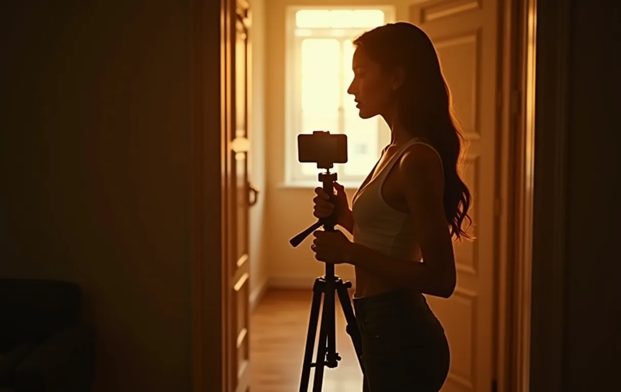 A female actor standing in a sunlit apartment doorway holding a smartphone tripod, her shoulders relaxed and her gaze directed forward toward the lens