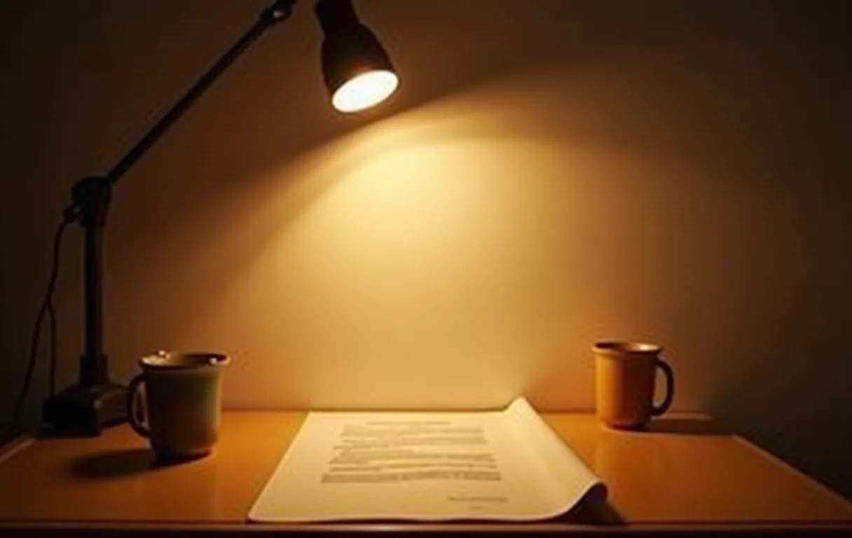 A warm desk setup with a ring light angled downward, a printed script resting beside a coffee mug, and a white backdrop stretching across the wall