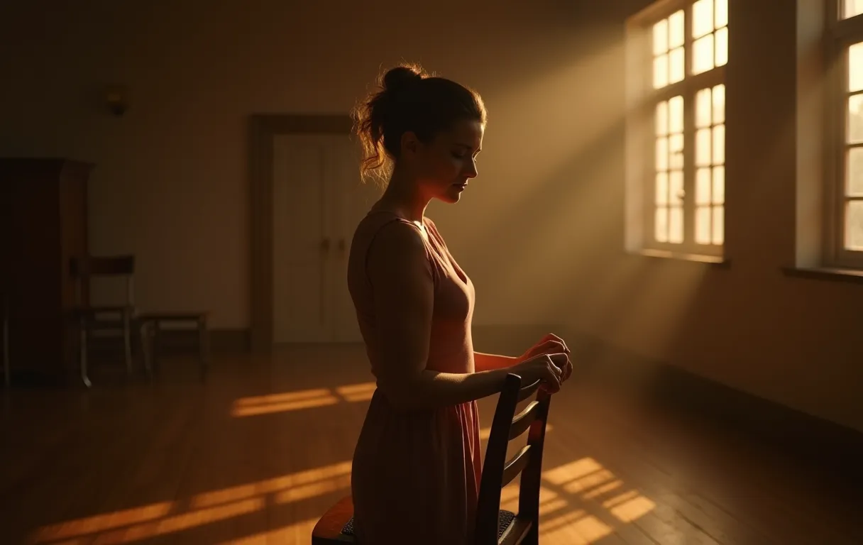A focused actress stands alone in a sunlit rehearsal room, hands resting lightly on a wooden chair back, eyes closed in quiet preparation