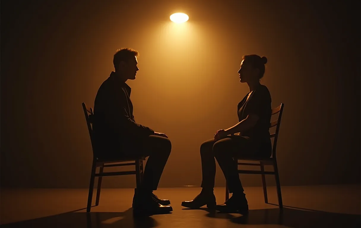 Two performers sit across from each other in a minimalist casting office, sharing a moment of attentive listening under soft overhead lighting