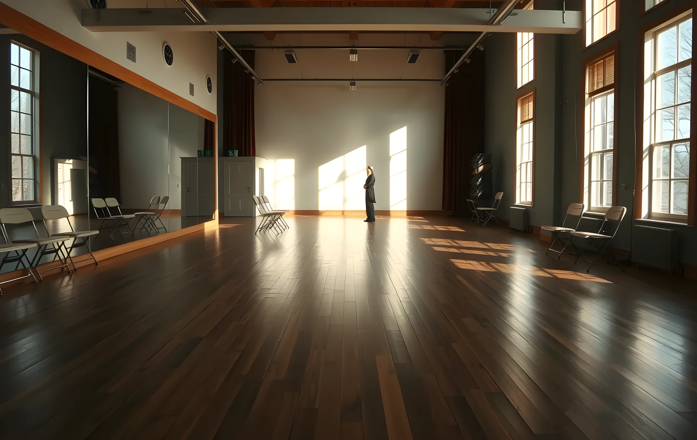 A wide view of an empty rehearsal studio with polished wooden floors and floor-to-ceiling mirrors reflecting a solitary actress standing near the center. The space is bare except for a few stacked folding chairs along the wall, with late afternoon light cutting through tall windows to create long shadows across the floorboards