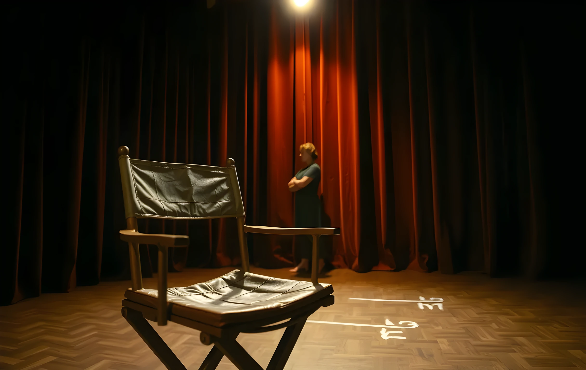 A close detail of a cracked leather director's chair on an empty stage, its worn seat catching the warm amber glow of a single overhead spotlight. In the mid-ground, a woman actor stands near a heavy velvet curtain, her posture relaxed but attentive, as she reviews her blocking marks drawn in chalk on the wooden floorboards
