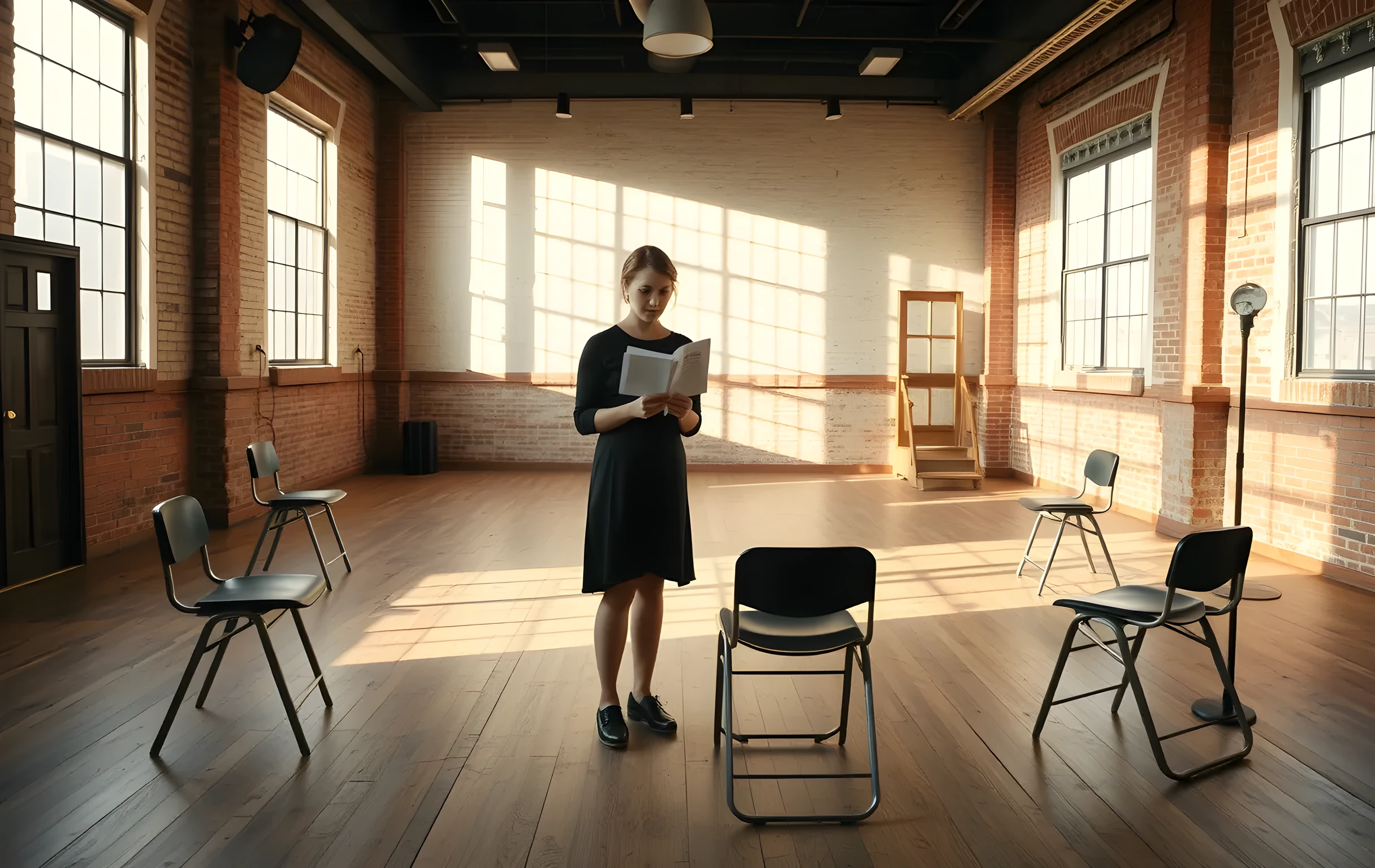 A spacious, sunlit rehearsal studio with scuffed wooden floors and exposed brick walls, where a woman in a dark practice dress stands center stage reviewing a worn script, surrounded by empty chairs and a single floor lamp casting long shadows across the room