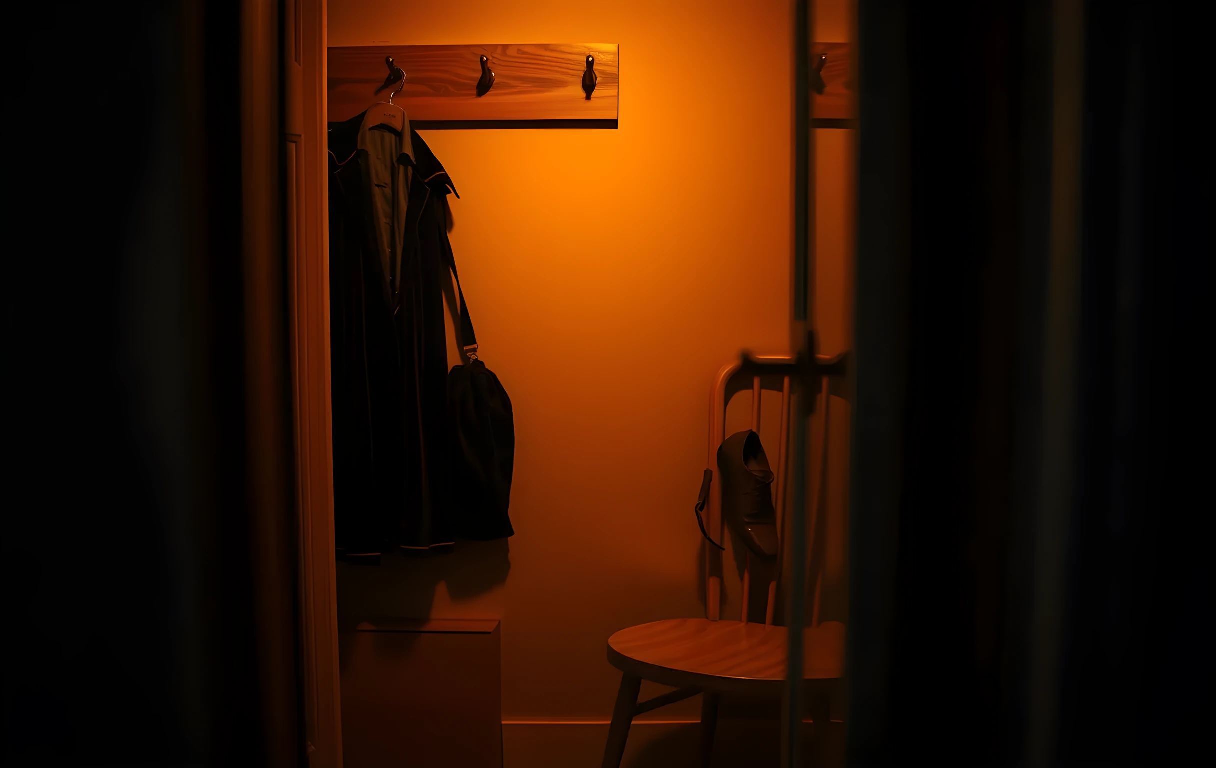 A quiet dressing room corner at dusk, where a velvet garment bag hangs on a wooden hook beside a scuffed leather shoe and a simple wooden chair, the warm amber light catching dust motes in the air and highlighting the quiet aftermath of a long rehearsal