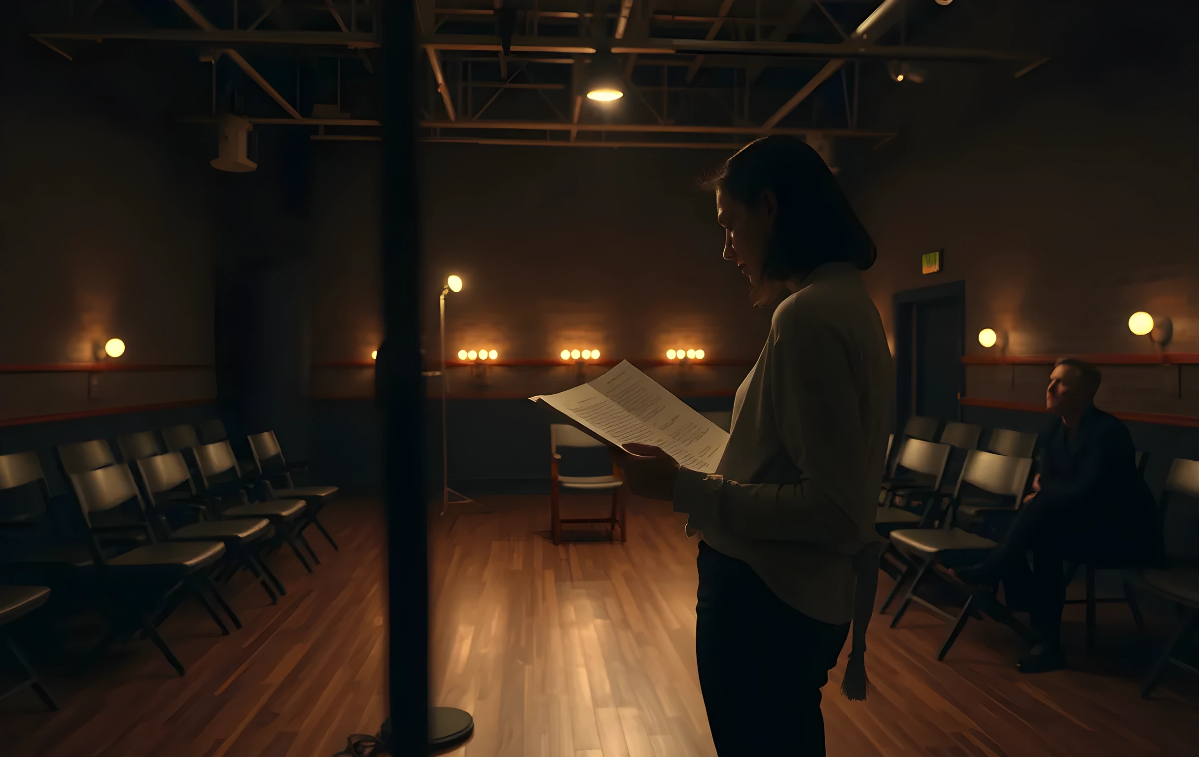 A dimly lit rehearsal studio at dusk where a woman actor stands center floor, reviewing a dog-eared script under a single overhead work light while a director sits quietly on a wooden chair nearby, the room filled with scattered rehearsal chairs and soft amber shadows stretching across the hardwood floor