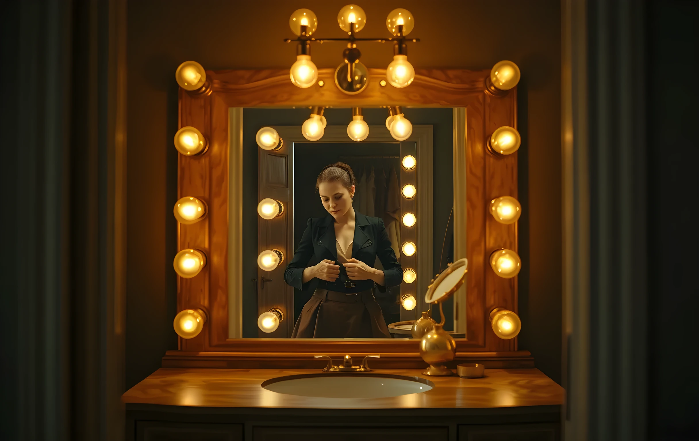 A weathered dressing room vanity illuminated by warm circular bulbs, reflecting a woman actor adjusting a vintage leather costume belt while her reflection looks focused and calm, surrounded by hanging period garments and a small brass mirror catching the quiet anticipation of an evening performance