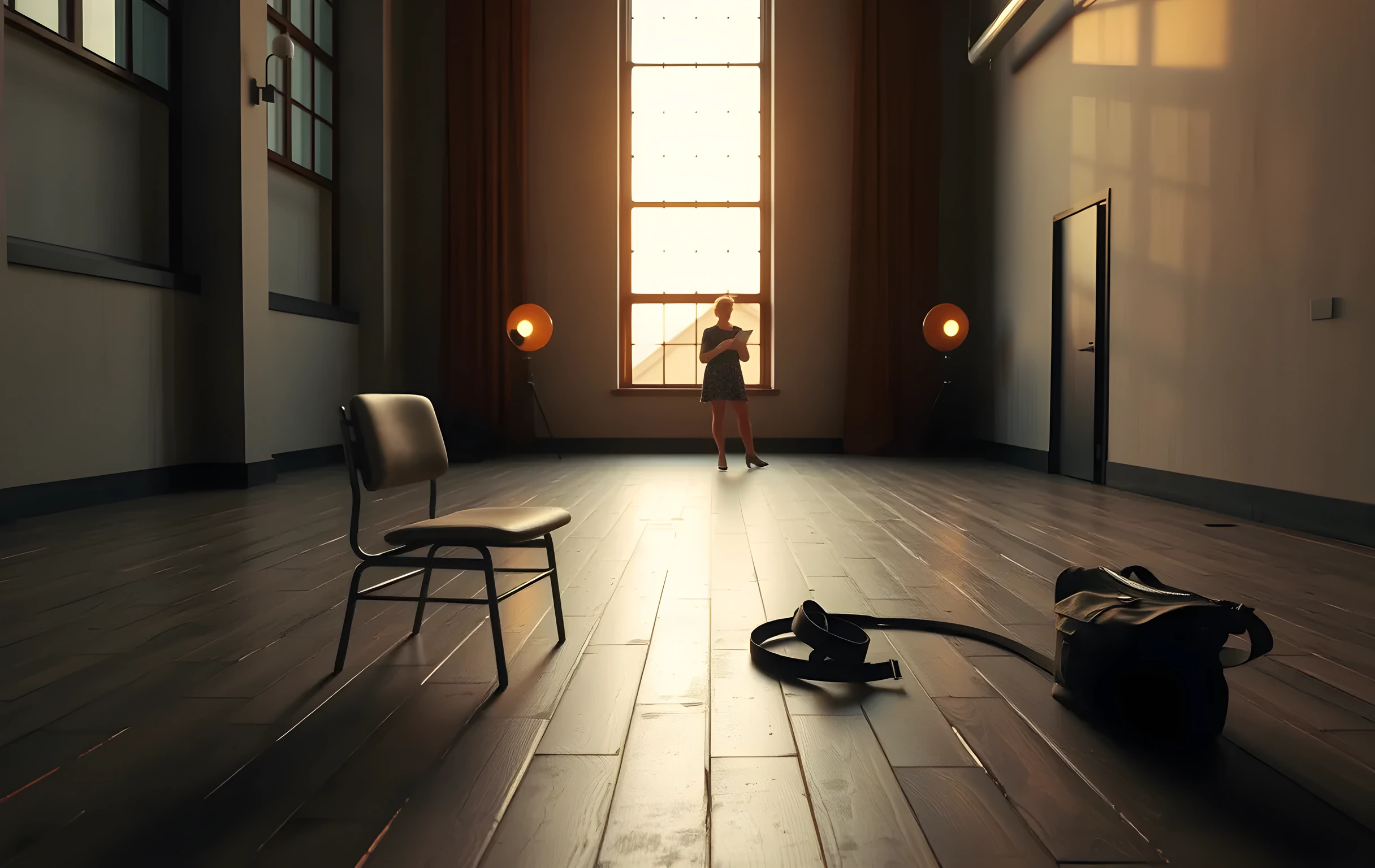 Wide environment scene in a rehearsal studio at dusk. Sunlight streams through tall windows onto a worn wooden floor where a single leather chair sits beside a folded canvas bag. A woman actor stands at a far distance near the back wall, reviewing lines under the soft amber light