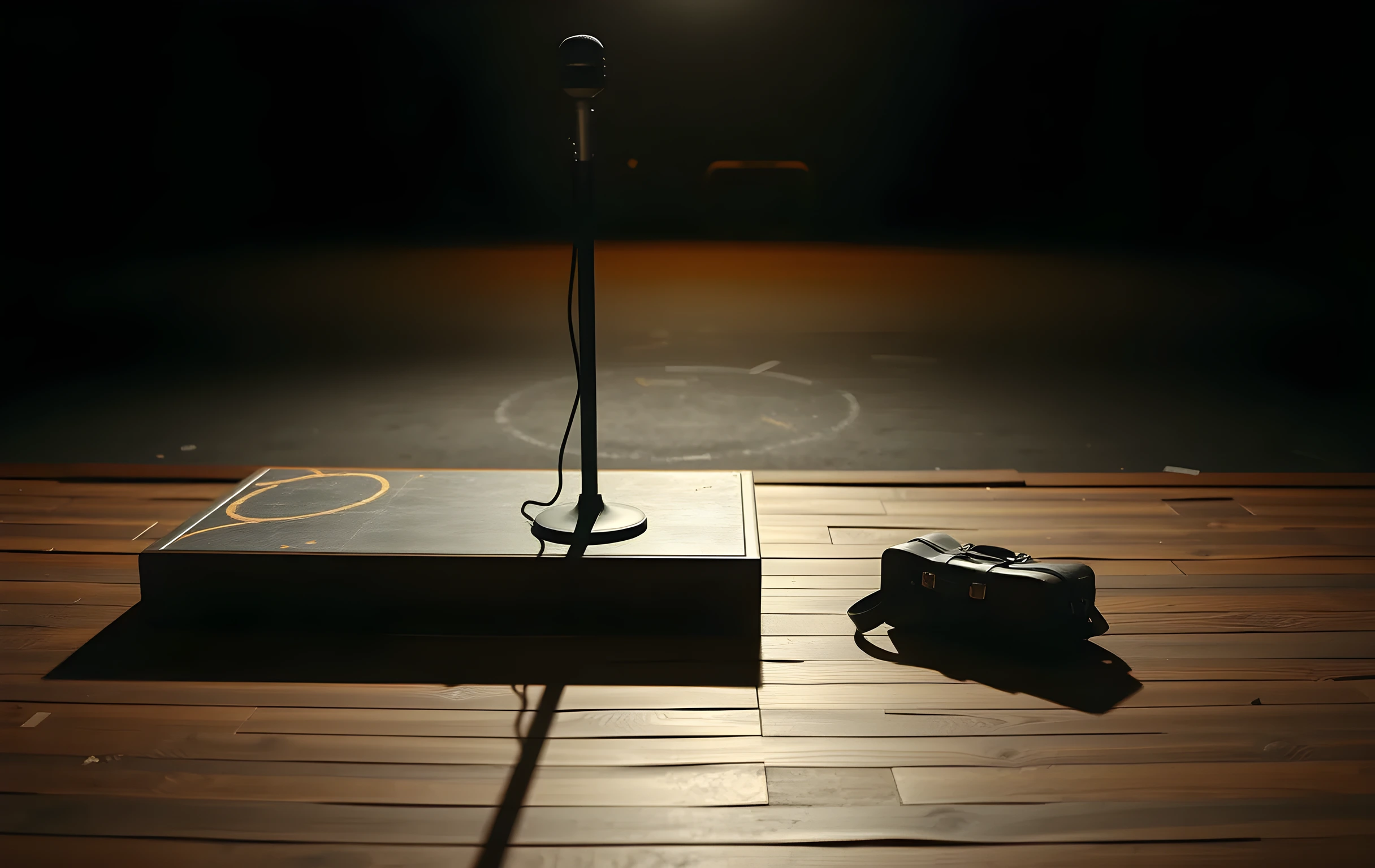 Closer detail scene on an empty theater stage. A vintage microphone stand rests on a scuffed wooden platform with scattered chalk marks and a single leather satchel lying nearby. The warm stage lights cast long shadows across the textured floorboards