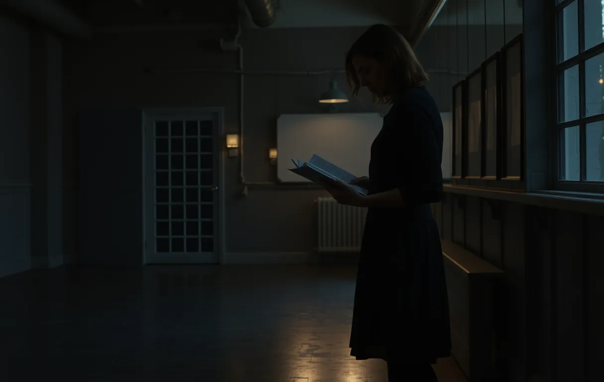 A dimly lit rehearsal studio at dusk, where a woman actor stands near a mirrored wall reviewing a script, her posture relaxed but focused as late afternoon light spills across the scuffed floorboards