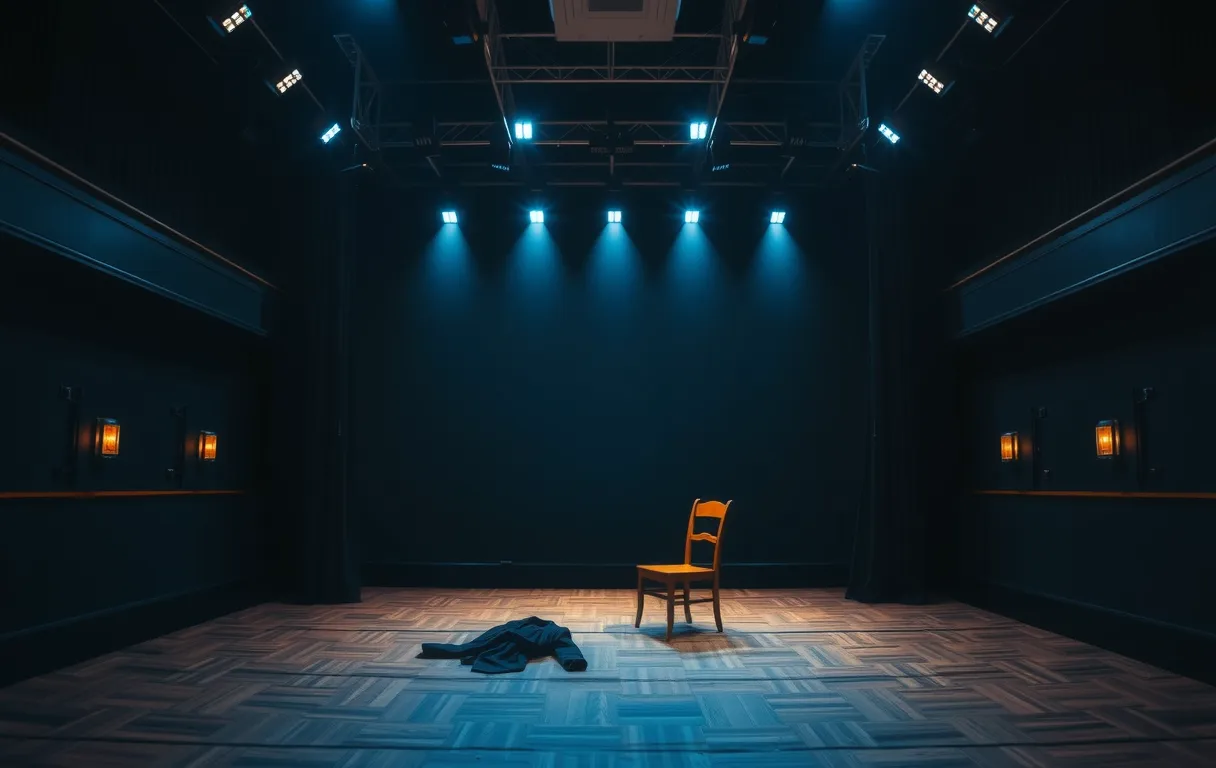 An empty theater stage bathed in cool blue work lights, with a single wooden chair and a fallen coat, the space quiet and ready for the next run-through of a scene