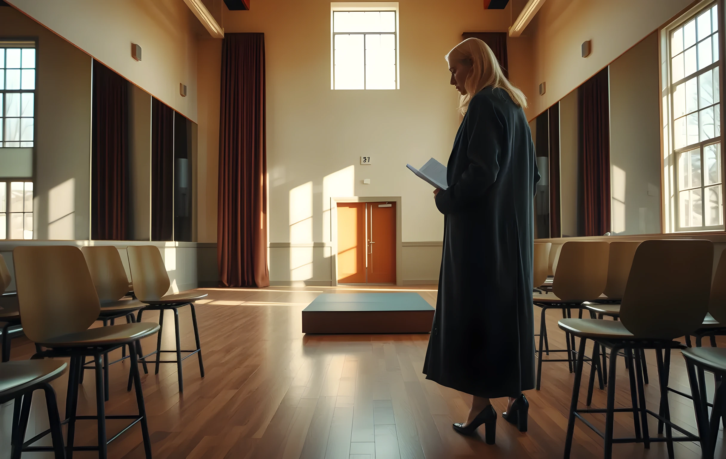 A sunlit rehearsal studio with polished wooden floors and tall mirrors reflecting a row of empty chairs, a solitary woman in a long charcoal coat stands near the center stage platform reviewing a worn script, the space stretching into soft shadows with warm afternoon light filtering through high windows